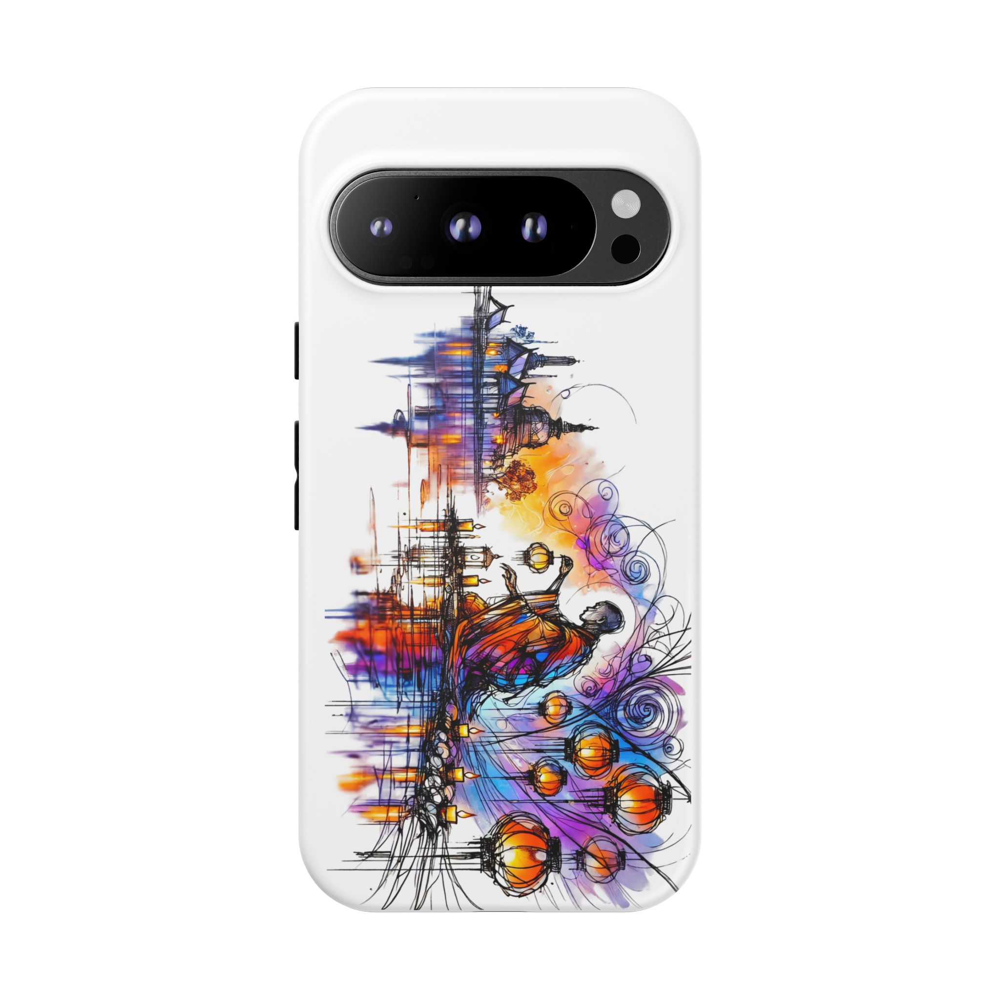 Colorful artistic design of a phone case featuring abstract elements and a figure in a vibrant setting.