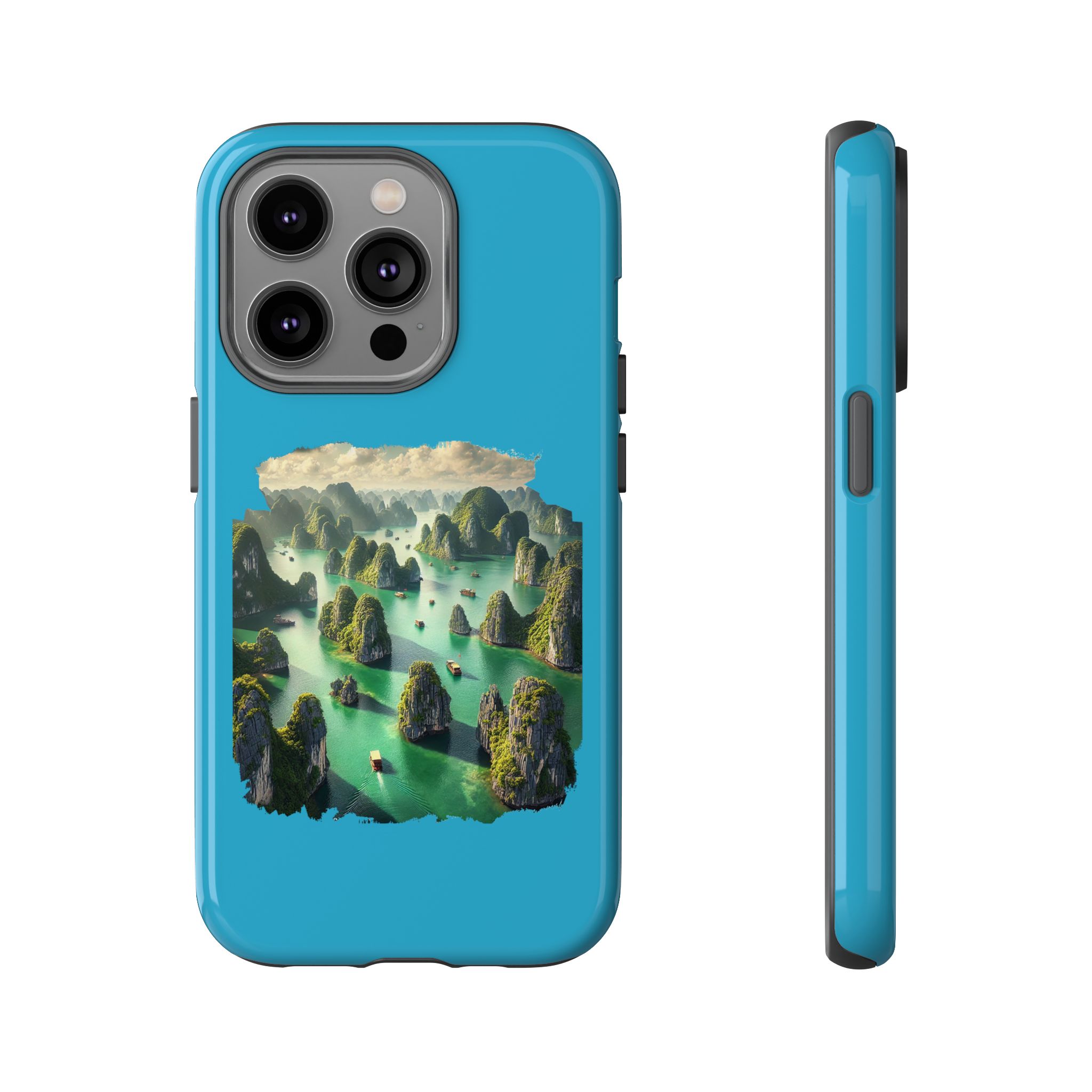 Blue phone case featuring a landscape design with islands and boats in a green water setting.