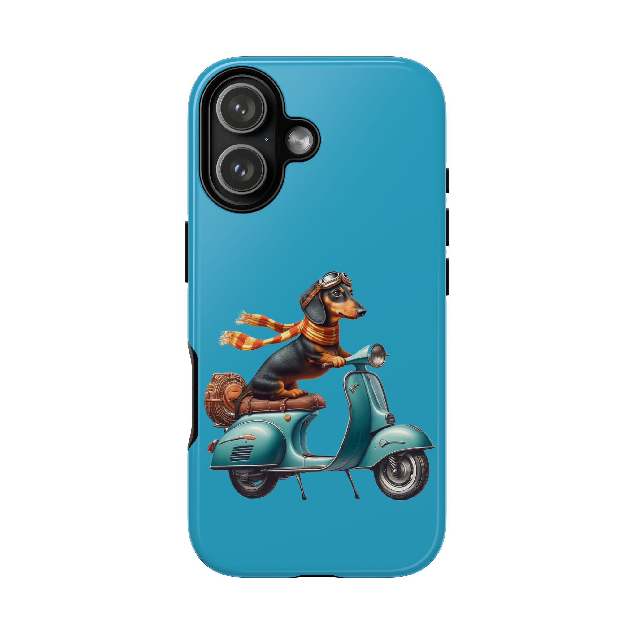 Dachshund wearing goggles and a scarf riding a vintage scooter against a blue background.