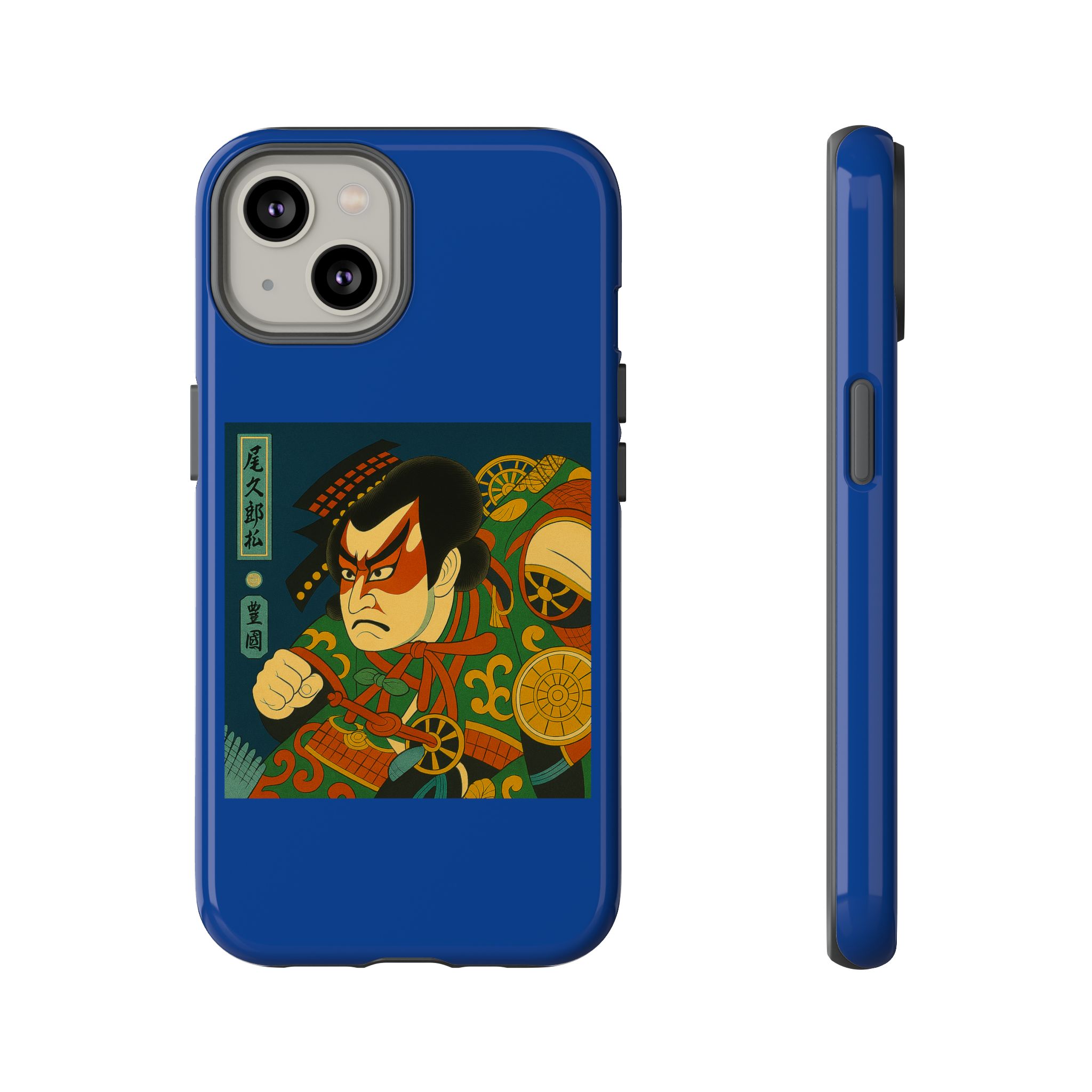 Blue phone case featuring traditional Japanese artwork of a warrior in a dynamic pose.