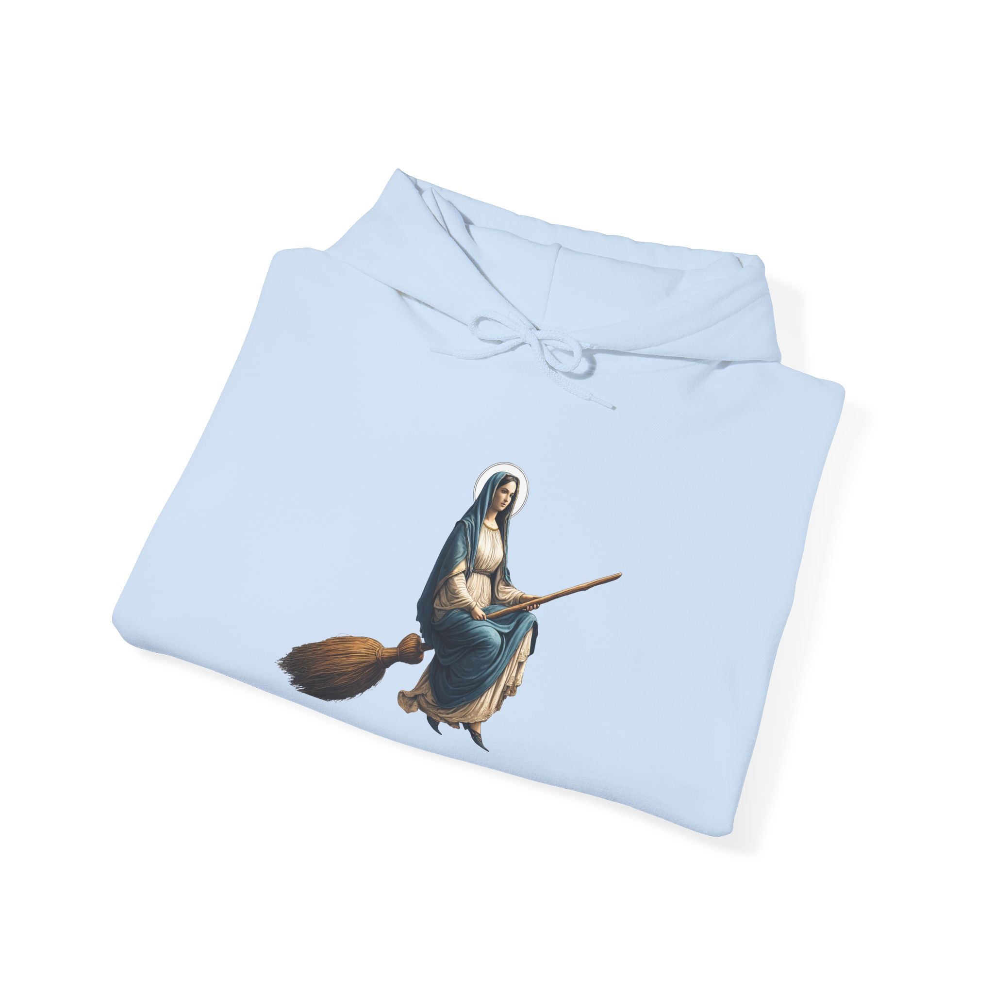Light blue hoodie featuring an illustration of a witch riding a broomstick.
