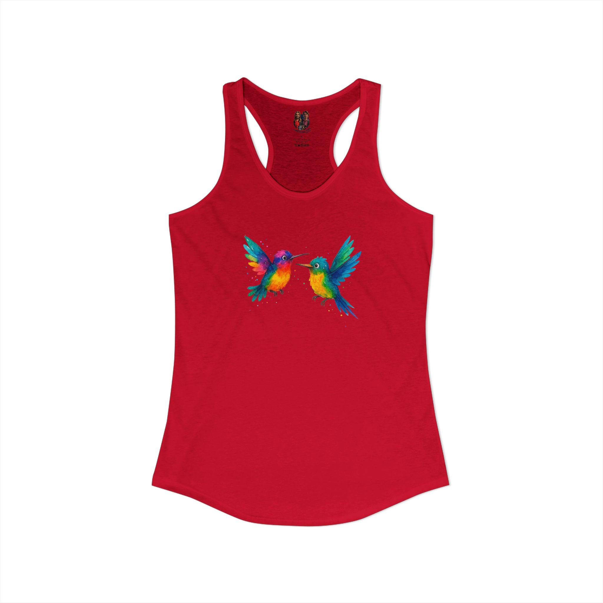 Red tank top featuring a colorful hummingbird design on the front.