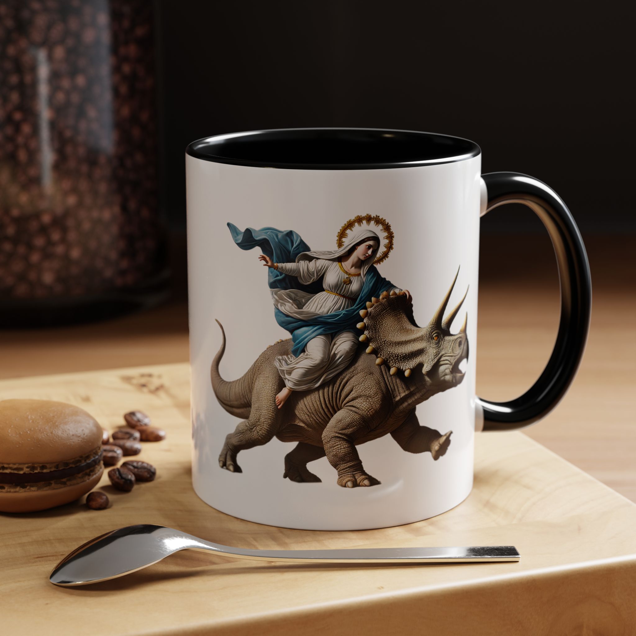 Sarcastic Coffee mug jurassic Virgin mary riding triceratops funny office mug boho gift tea cup cute accessory – Image 7