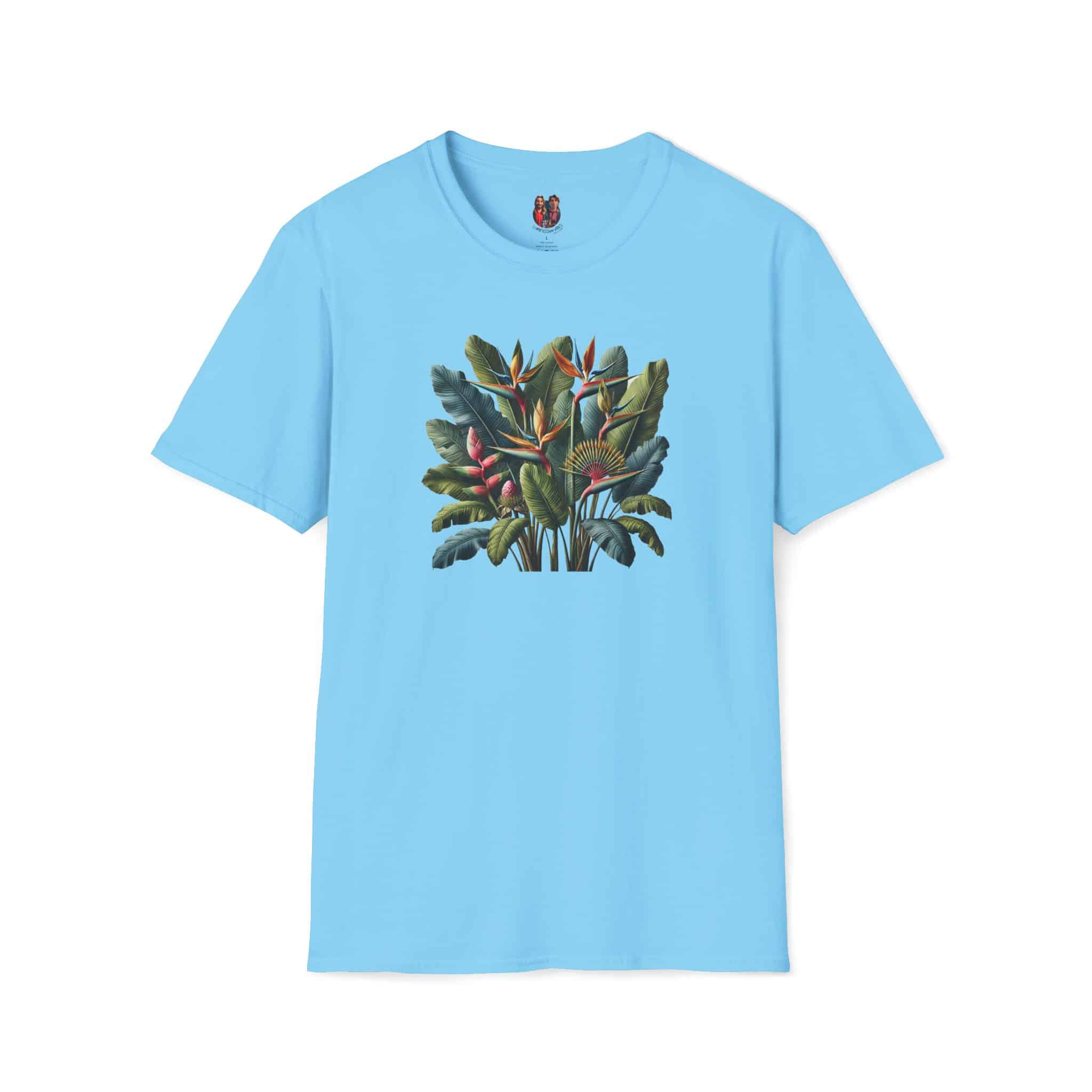 Light blue t-shirt featuring a floral design with tropical plants and flowers.