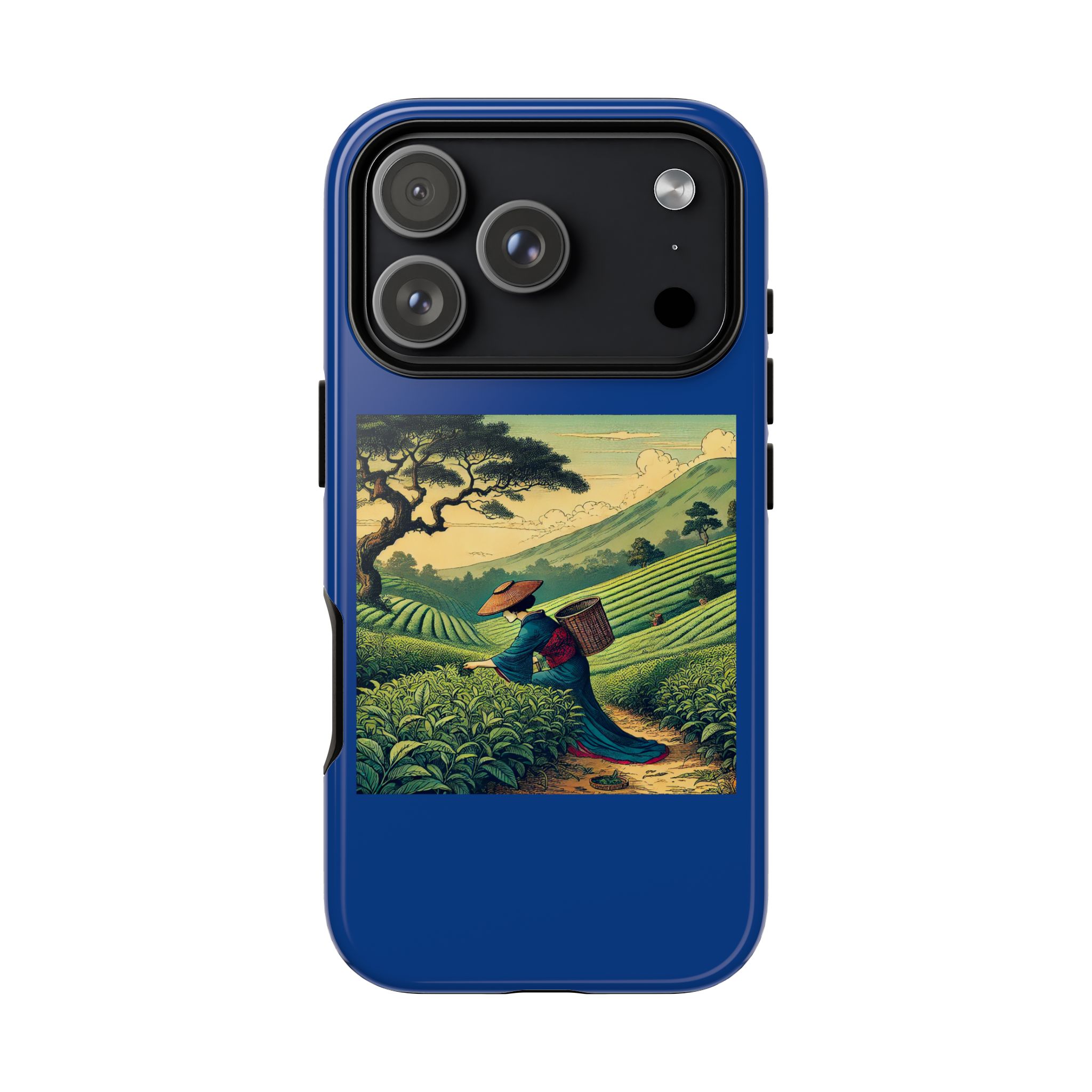 Blue phone case featuring an illustration of a tea farmer walking through green tea fields.