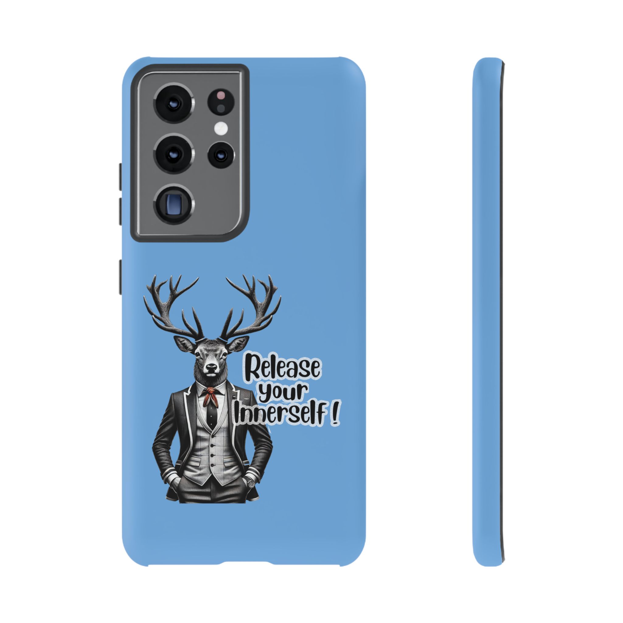 Blue phone case featuring a deer dressed in a suit with the text 'Release your inner self'.