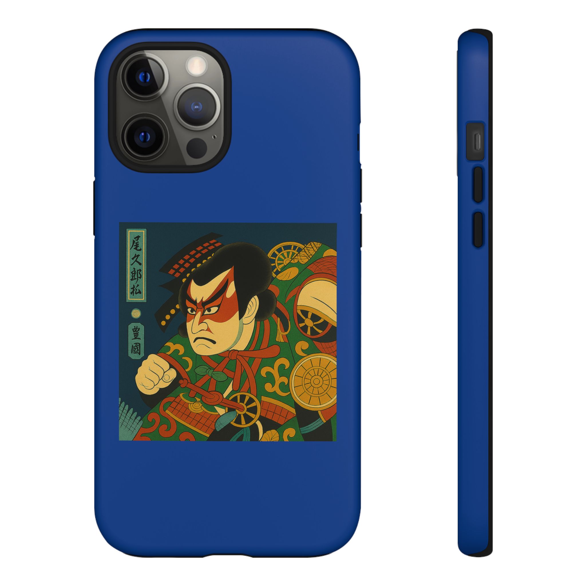 Blue phone case featuring traditional Japanese artwork with a warrior design.