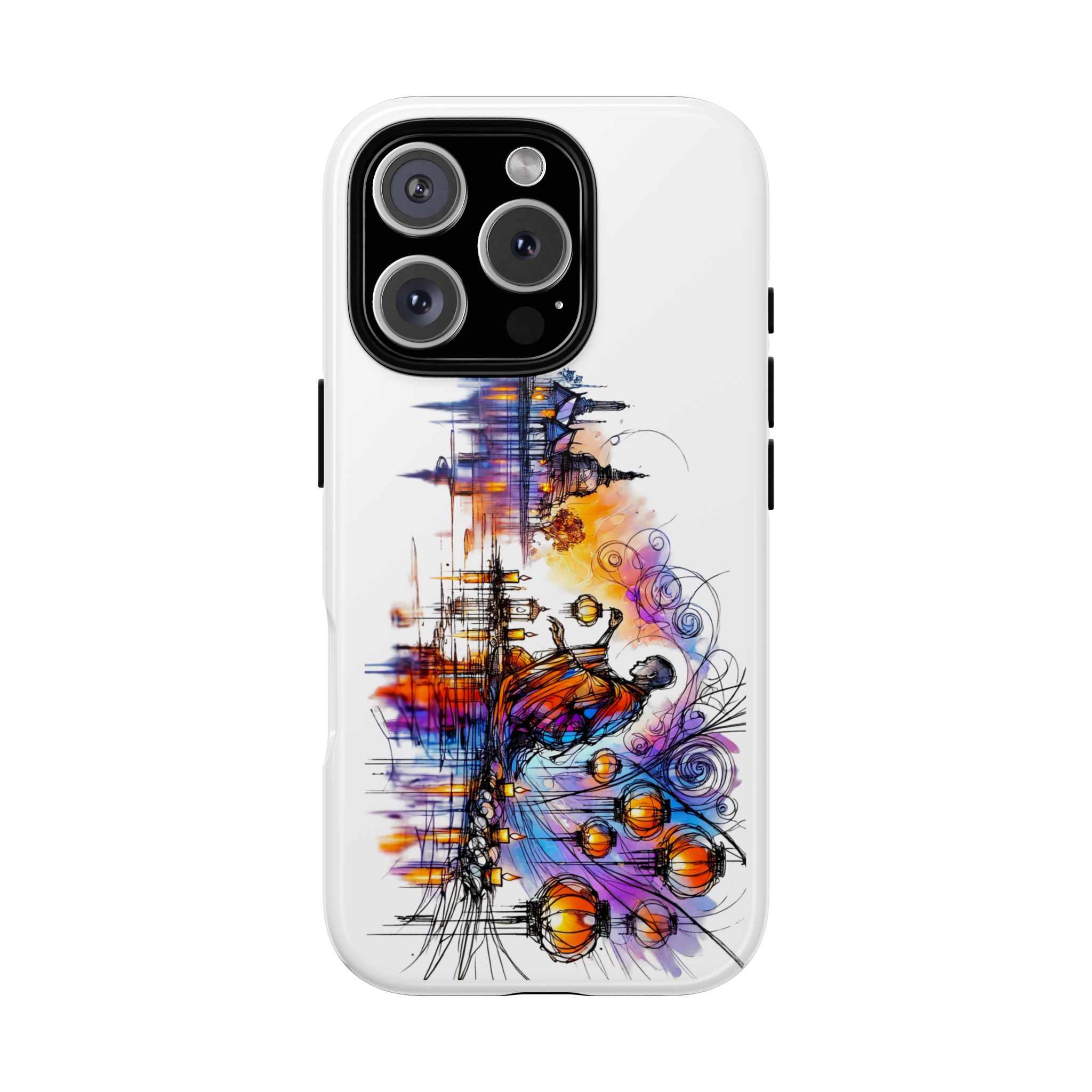 Colorful illustration of a woman holding a child on a phone case with abstract elements.