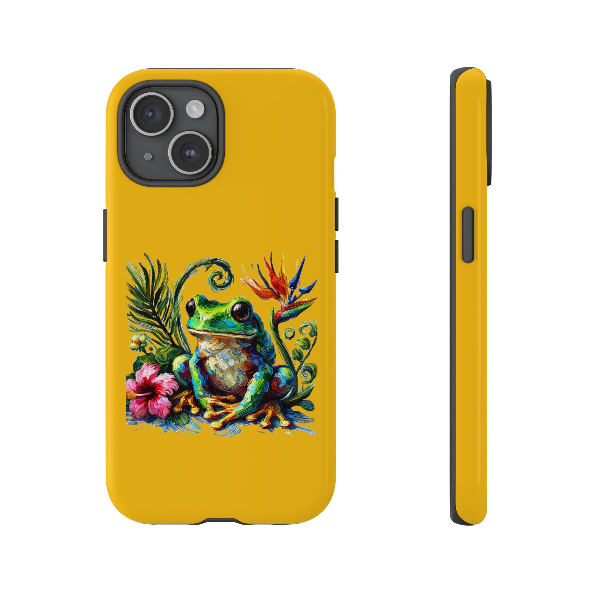 Vibrant yellow phone case featuring a colorful frog surrounded by tropical flowers and leaves.