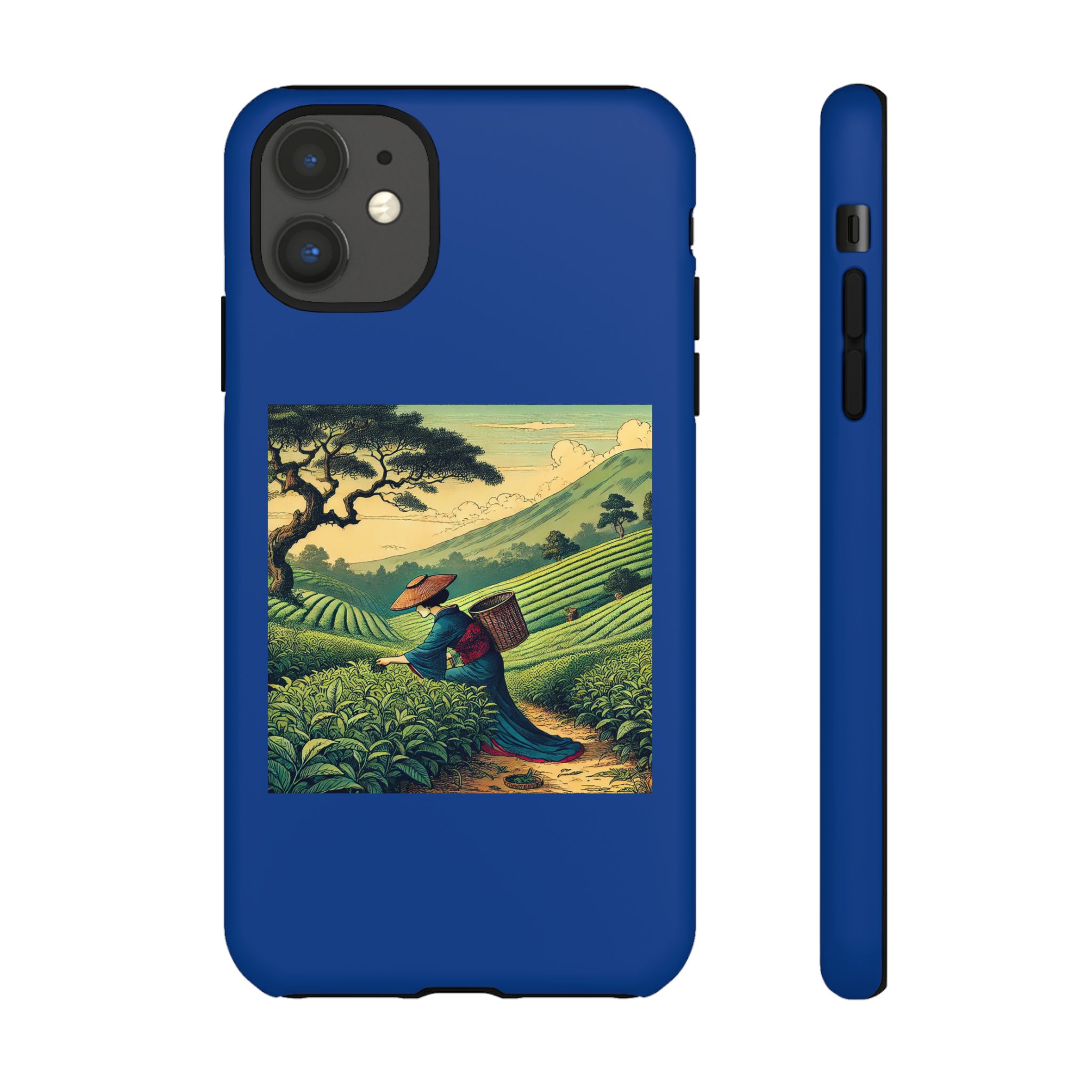 Blue phone case featuring an illustration of a tea plantation worker in a scenic landscape.