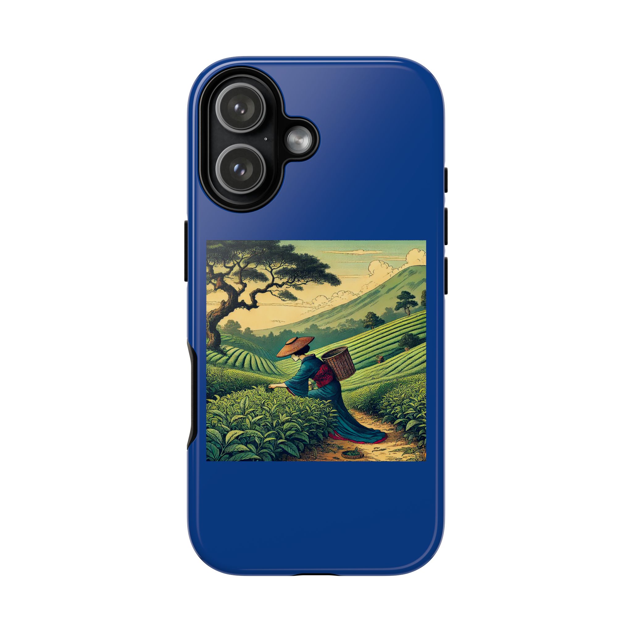 Blue phone case featuring artwork of a person working in a tea plantation with mountains in the background.