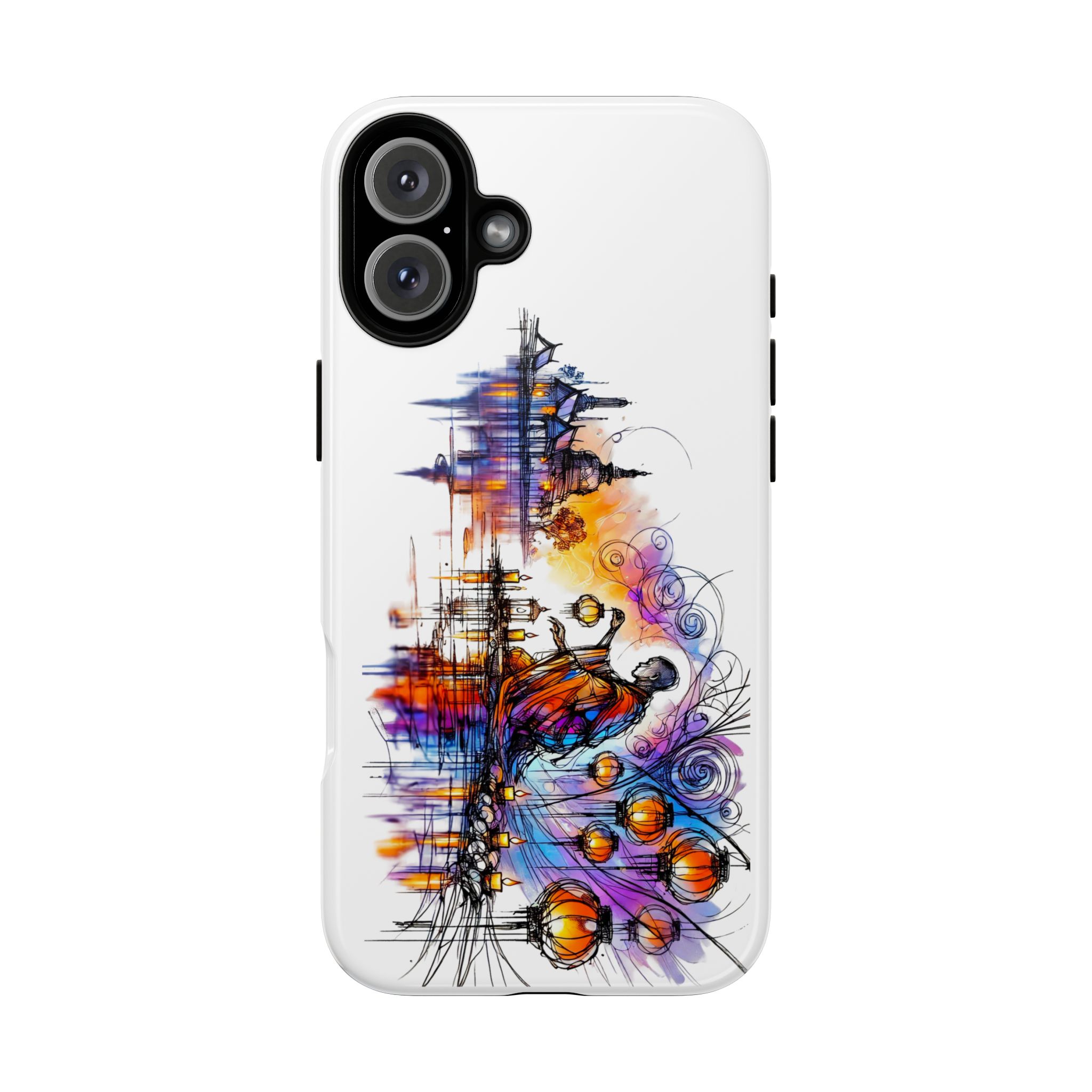Colorful artistic design on a phone case featuring abstract shapes and figures.