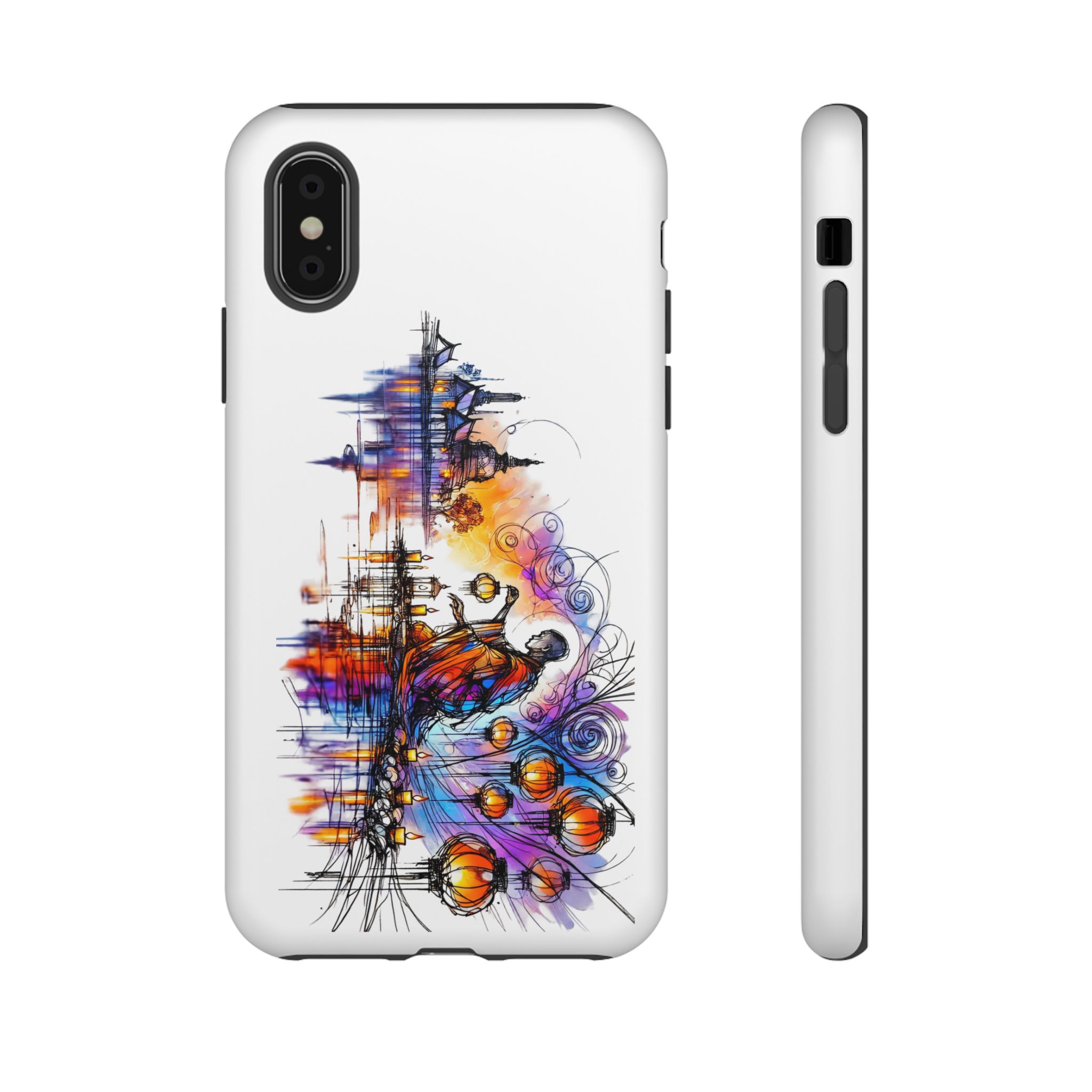 Colorful artistic design on a phone case featuring abstract elements and vibrant colors.