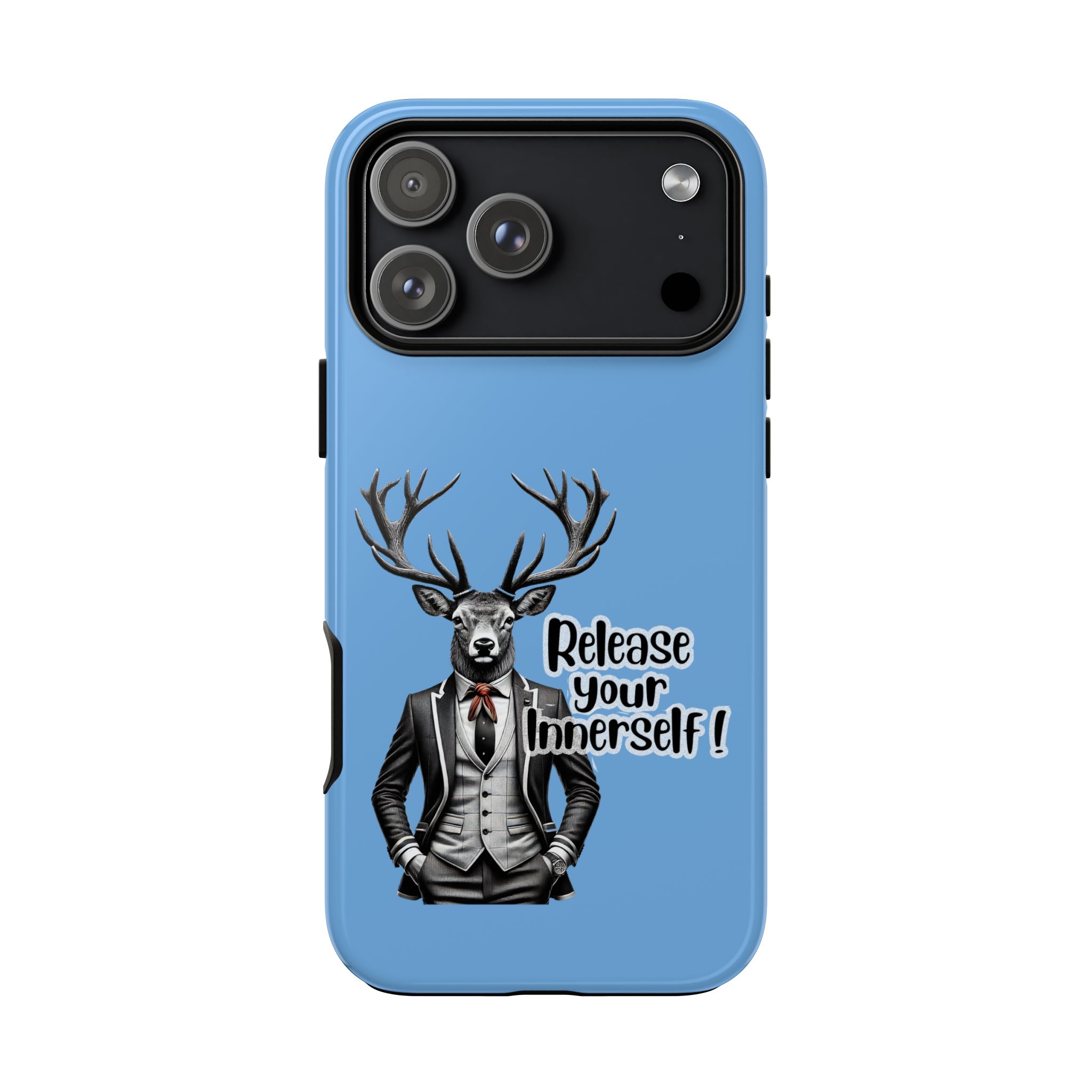 Phone case featuring a deer in a suit with the text 'Release your Innerself'.