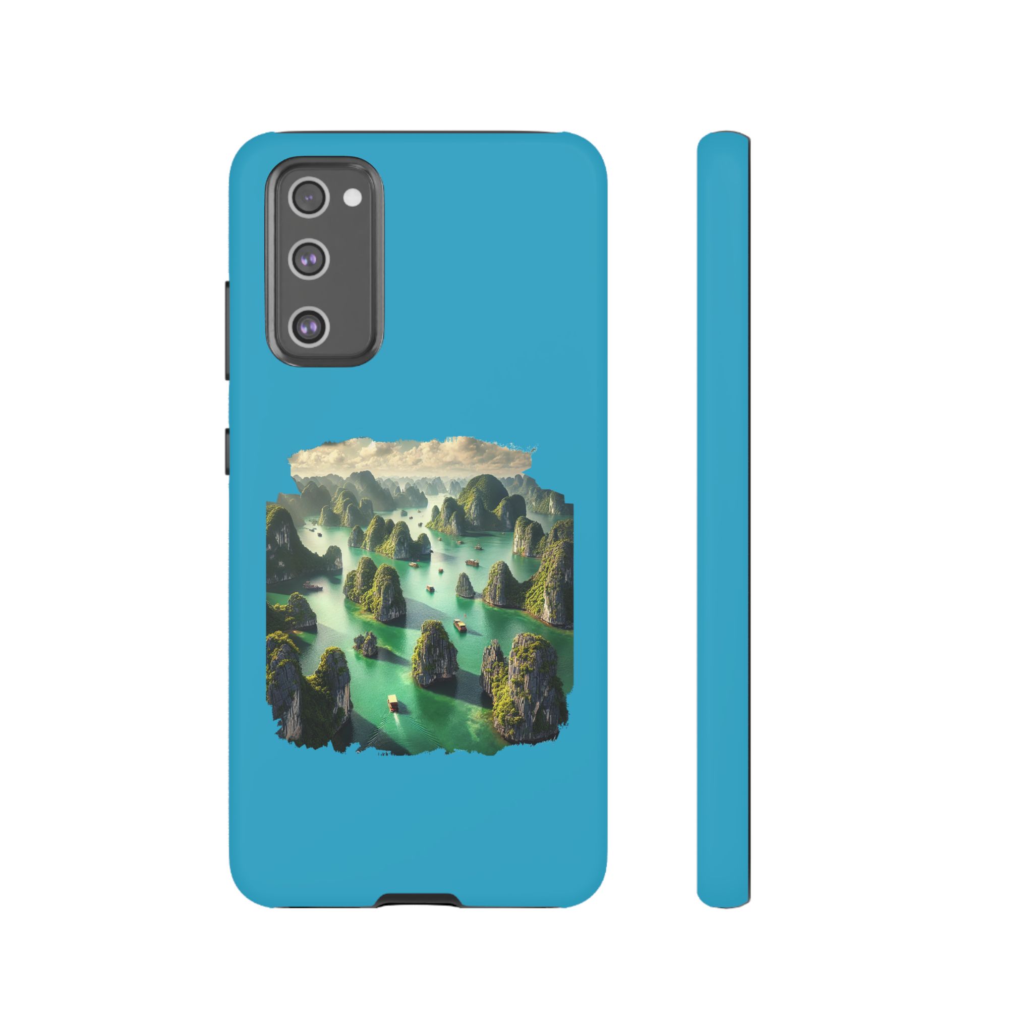 Phone case featuring a scenic landscape with mountains and water in a vibrant blue color.