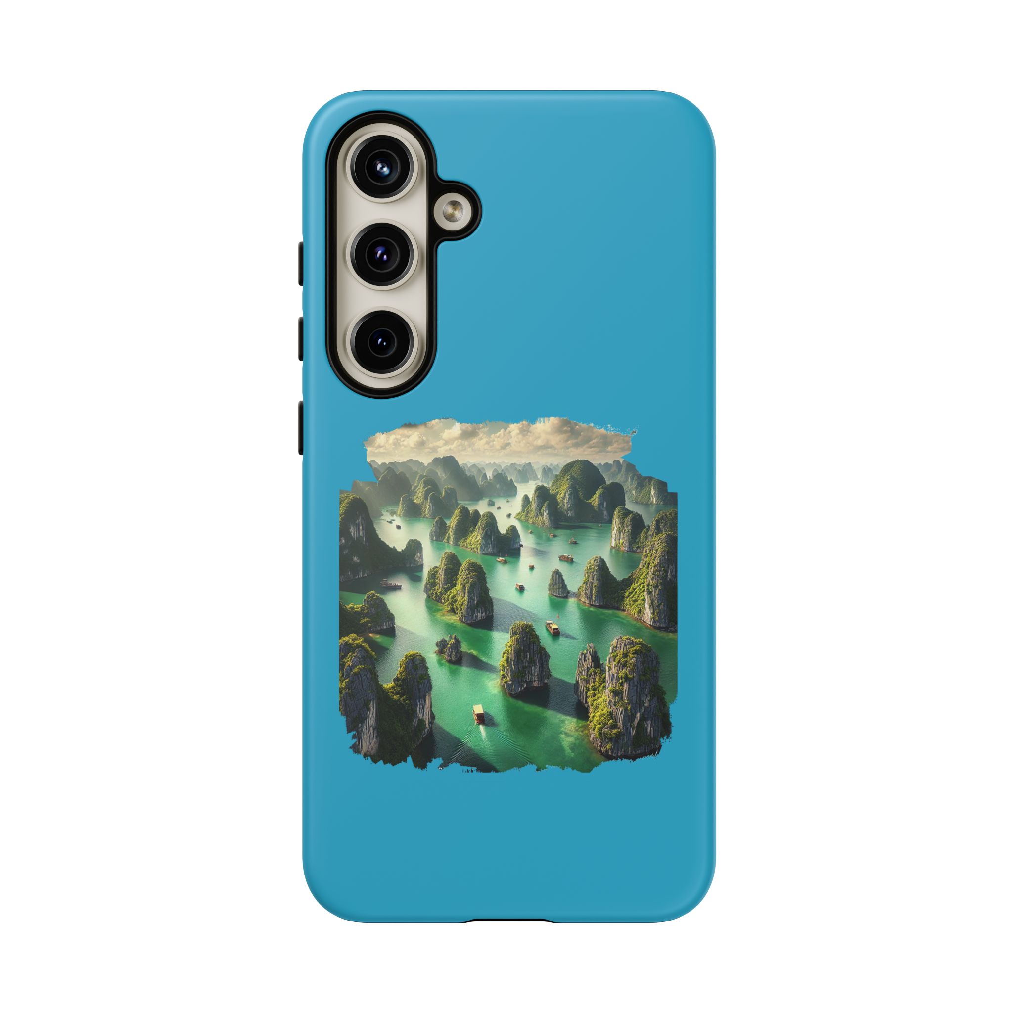 Phone case featuring a landscape design with green islands and blue water.