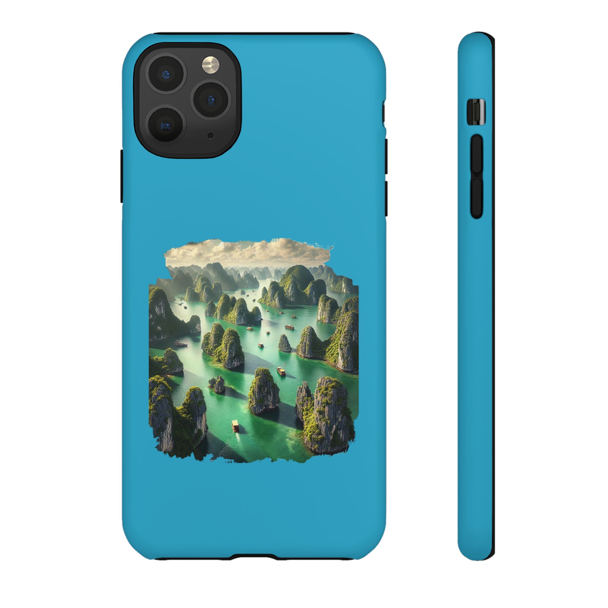 Phone case featuring a scenic landscape of green islands and blue waters.