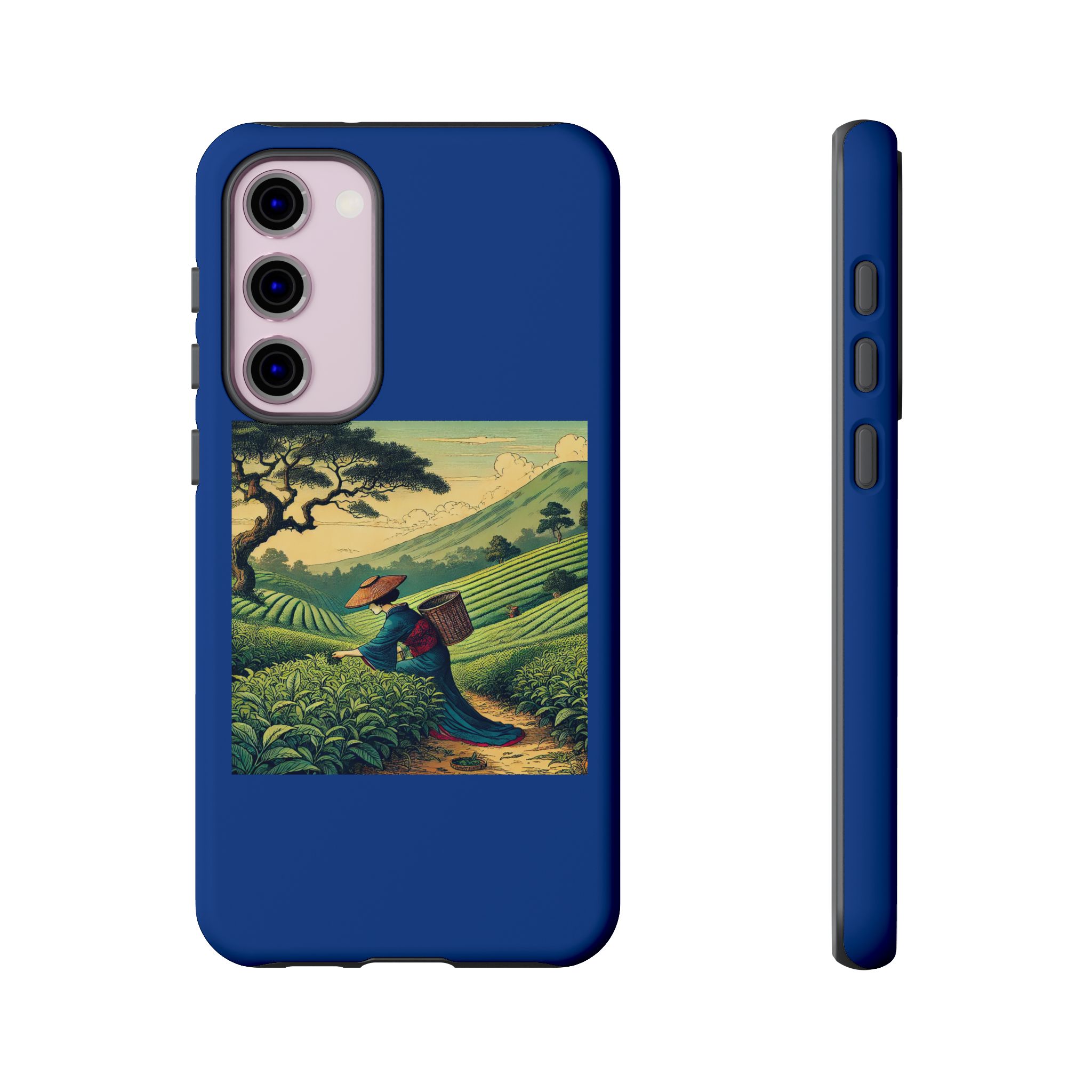 Blue phone case featuring a vintage illustration of a farmer carrying a basket in a tea plantation.