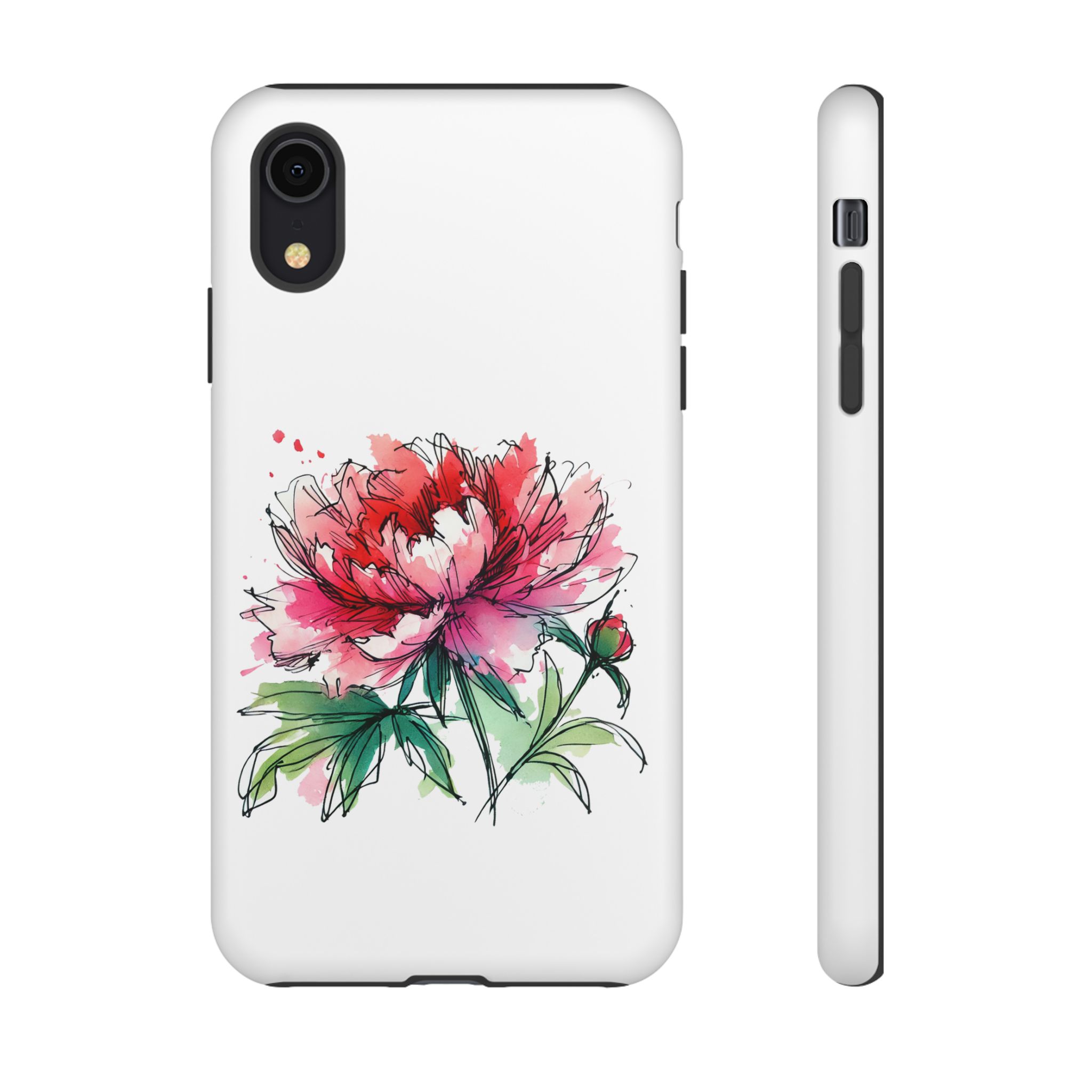 Phone case featuring a hand-drawn peony flower design in pink and green colors.