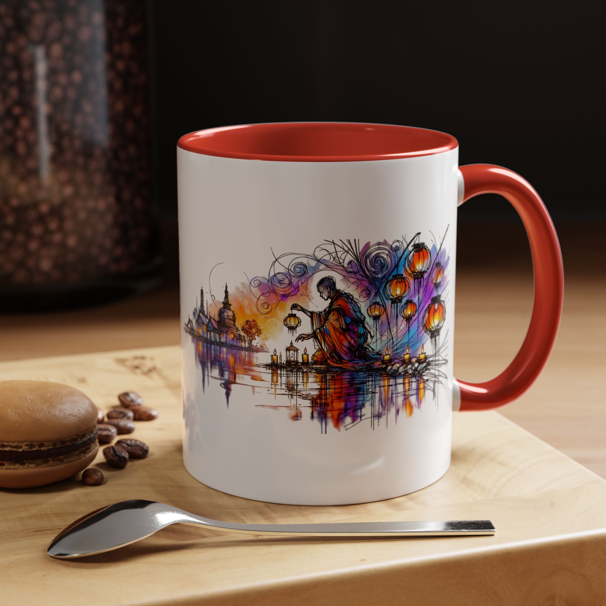 Artistic coffee mug featuring a colorful design with a figure and lanterns against a vibrant background.