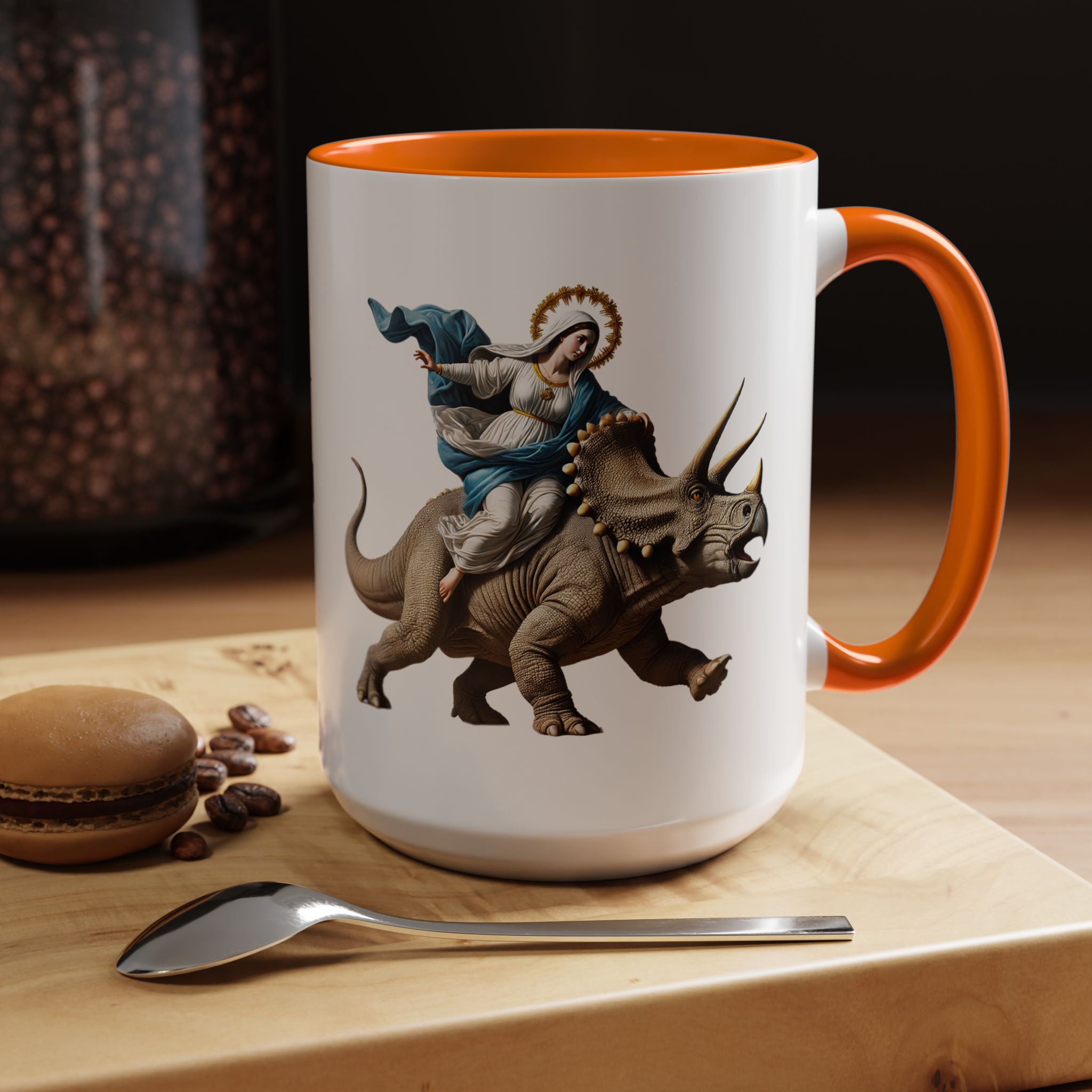 Sarcastic Coffee mug jurassic Virgin mary riding triceratops funny office mug boho gift tea cup cute accessory – Image 55