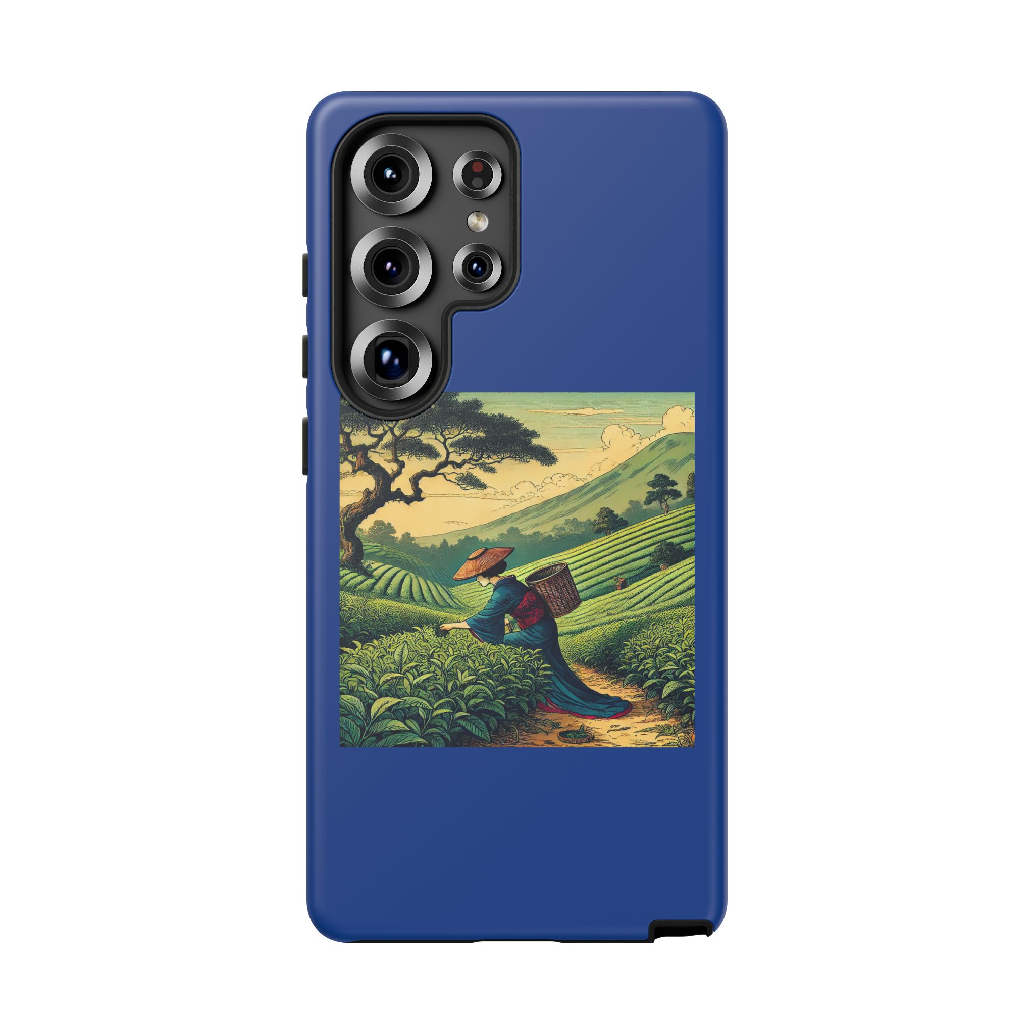 Blue phone case featuring a colorful illustration of a person carrying a basket in a tea field.