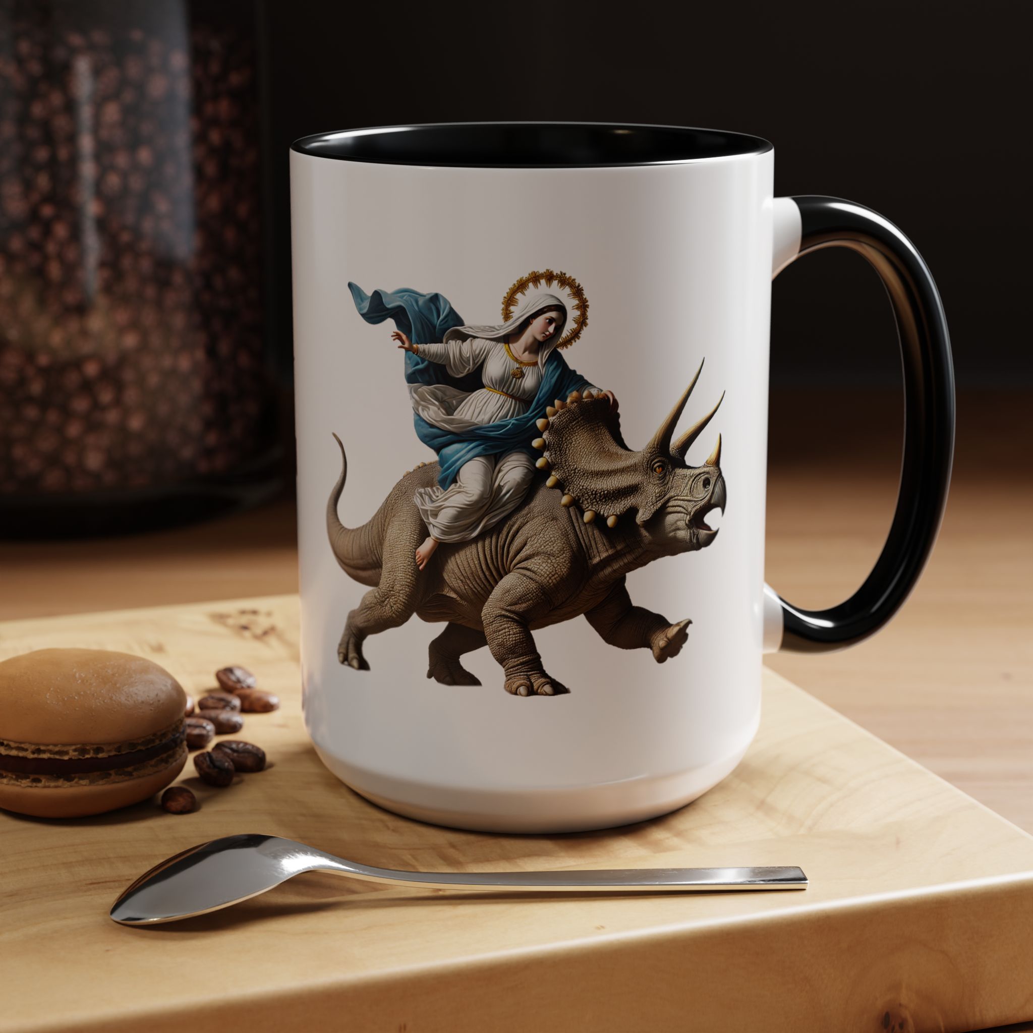 Sarcastic Coffee mug jurassic Virgin mary riding triceratops funny office mug boho gift tea cup cute accessory – Image 23