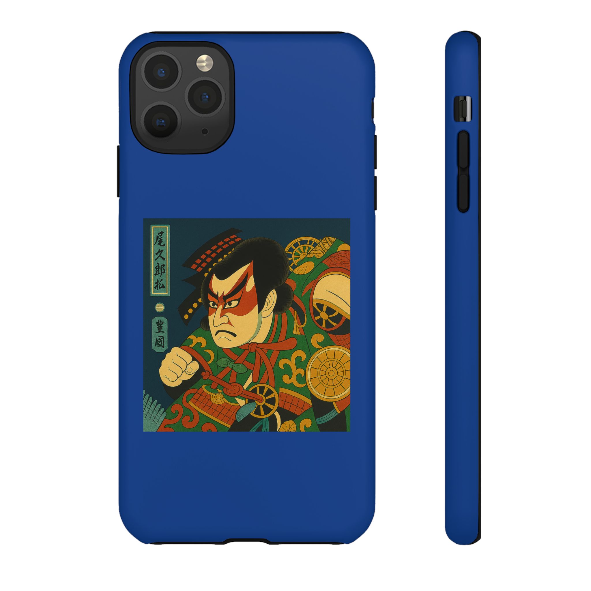 Blue phone case featuring a traditional samurai illustration with bold colors and intricate details.