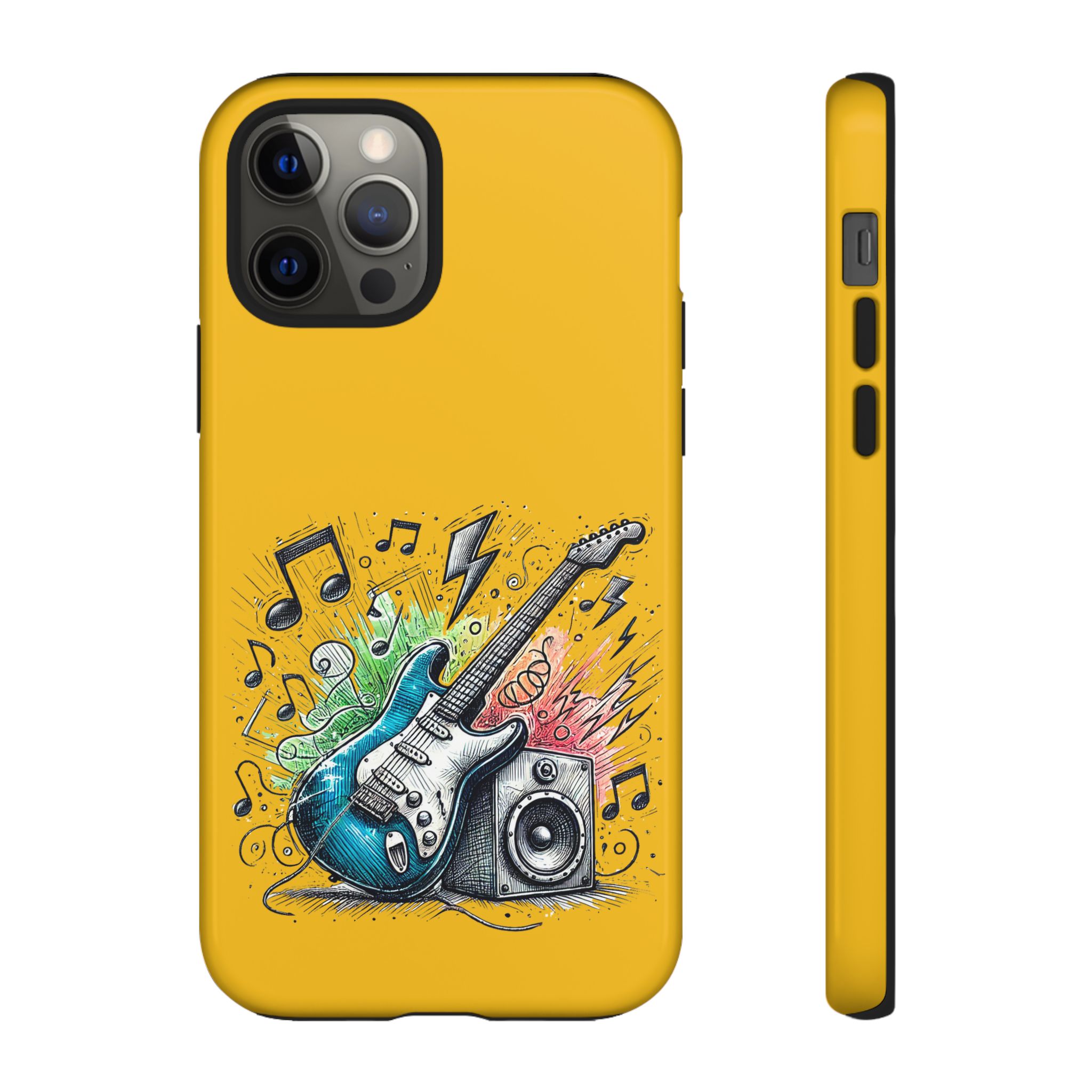 Yellow phone case featuring an illustration of an electric guitar with music notes and sound waves.