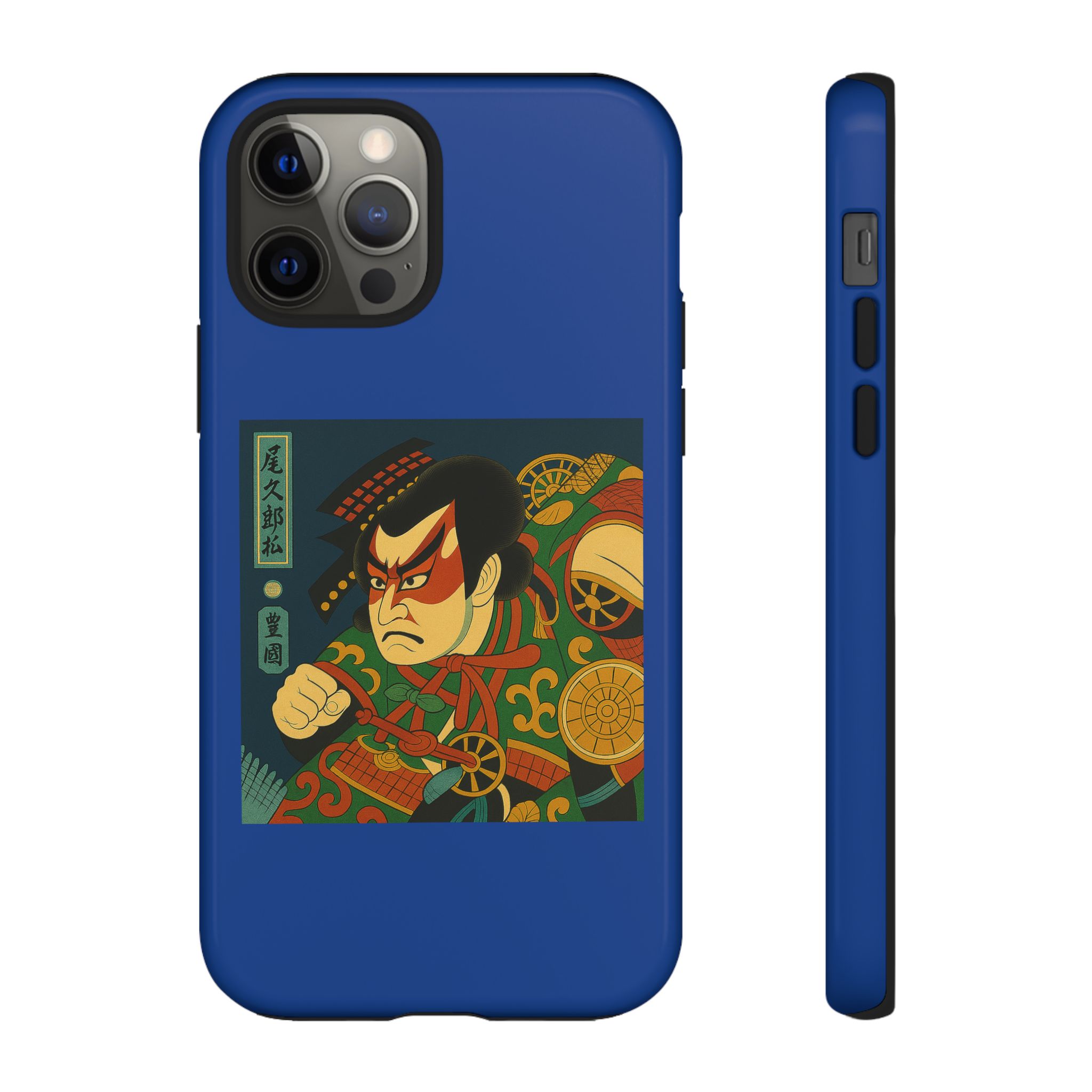 Blue phone case featuring a traditional Kabuki art design with a fierce character illustration.