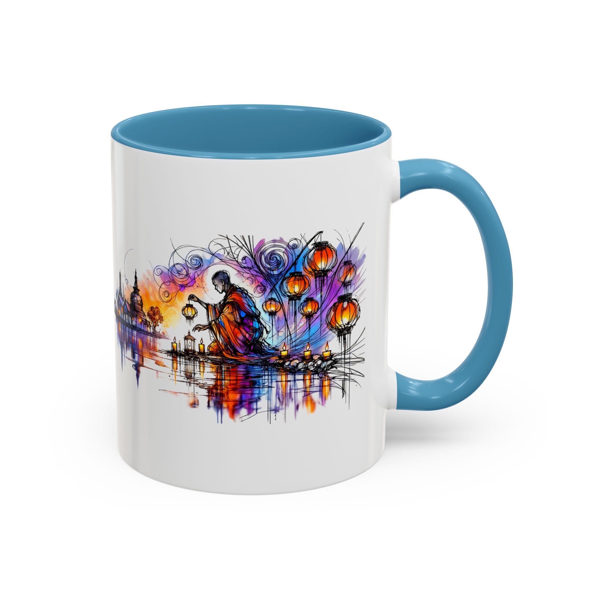 Mug featuring a colorful artistic design with a figure and lanterns against a vibrant background.