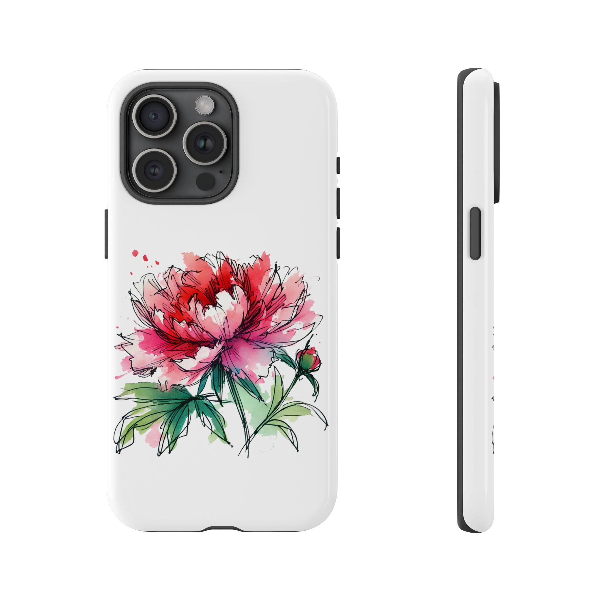 iPhone case featuring a hand-drawn peony flower design in vibrant colors.