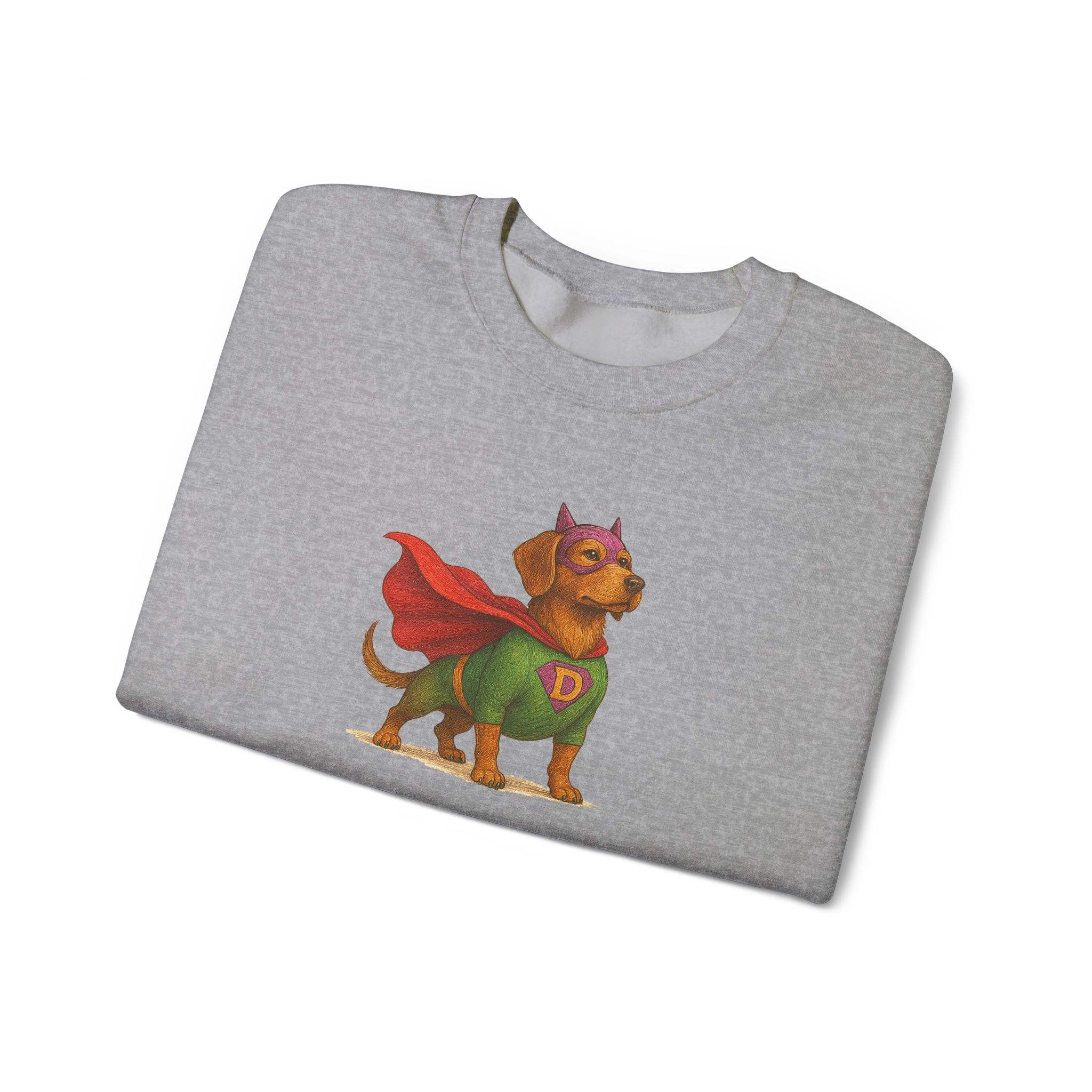 Gray sweatshirt featuring a cartoon dog dressed as a superhero with a cape and mask.