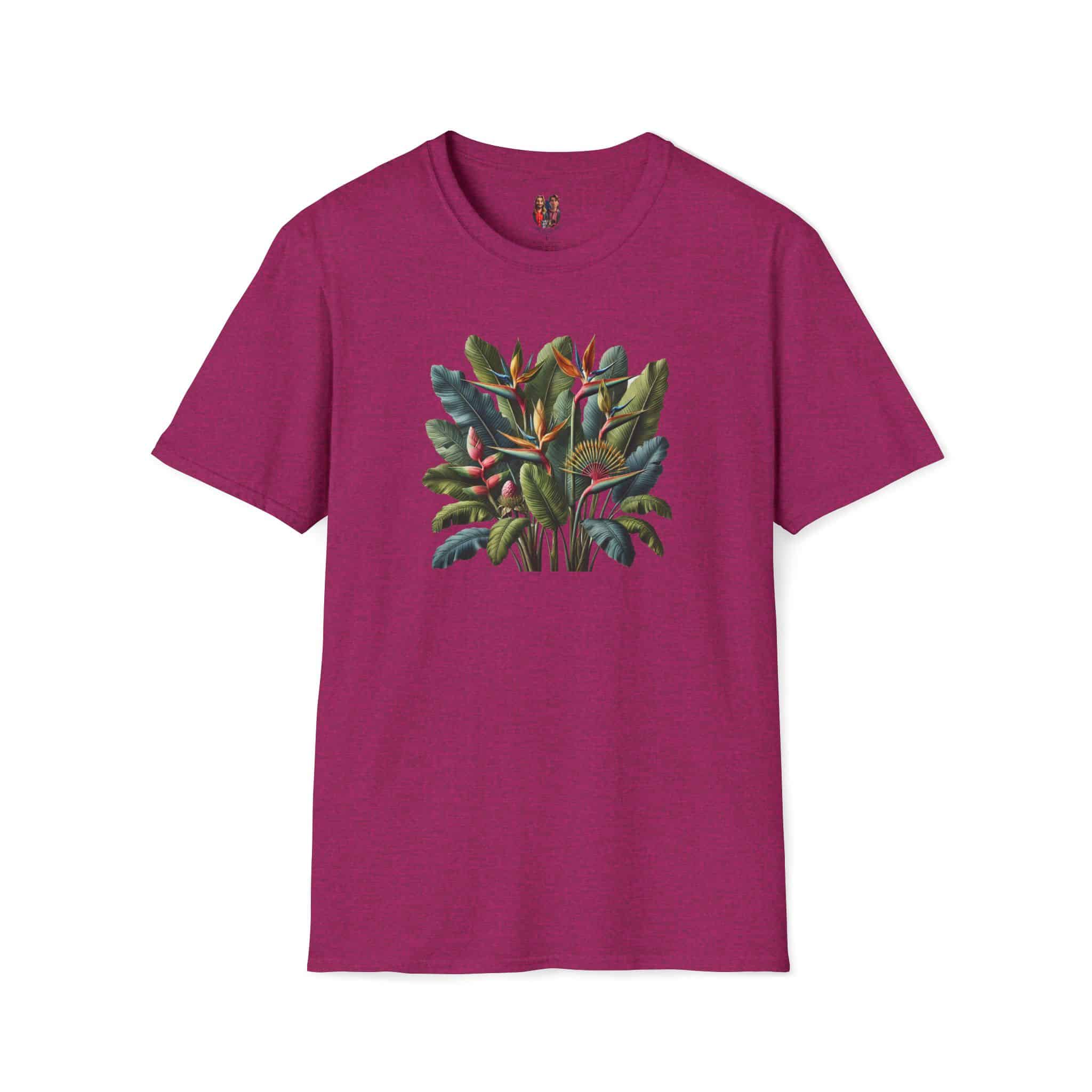 Maroon t-shirt featuring a colorful tropical plant graphic on the front.