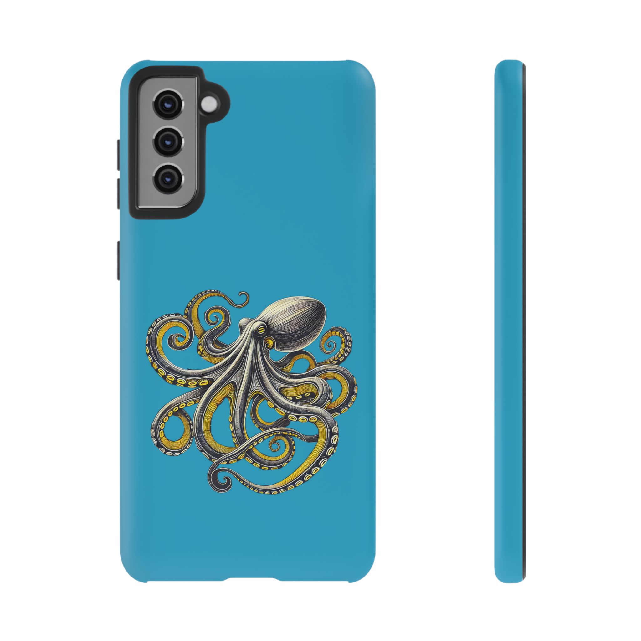 Phone case with a blue background featuring an illustrated octopus design in detailed colors.