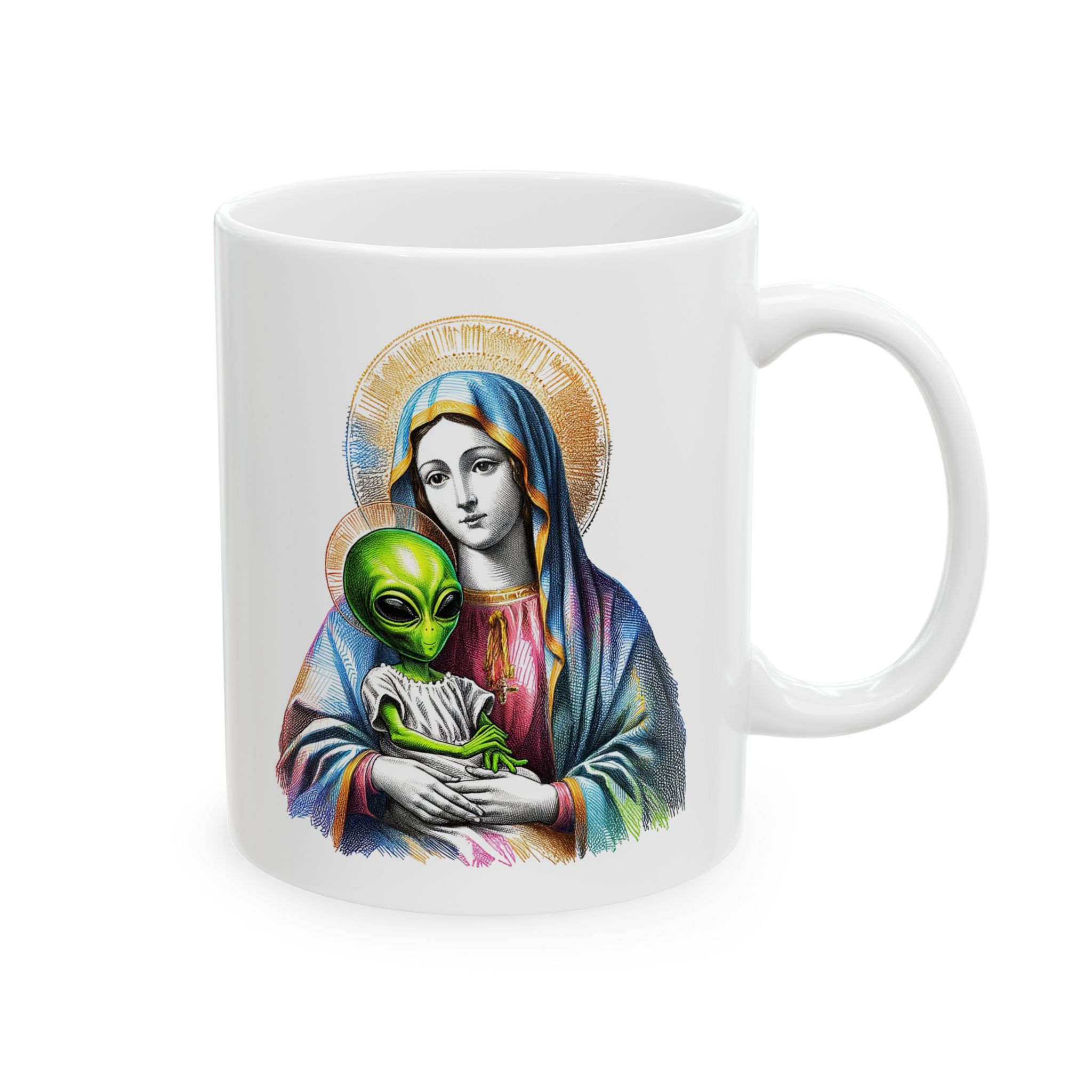 Funny Mug satiric alien virgin mary coffee mug boho gift for him tea cup office accessory religious joke cute cup