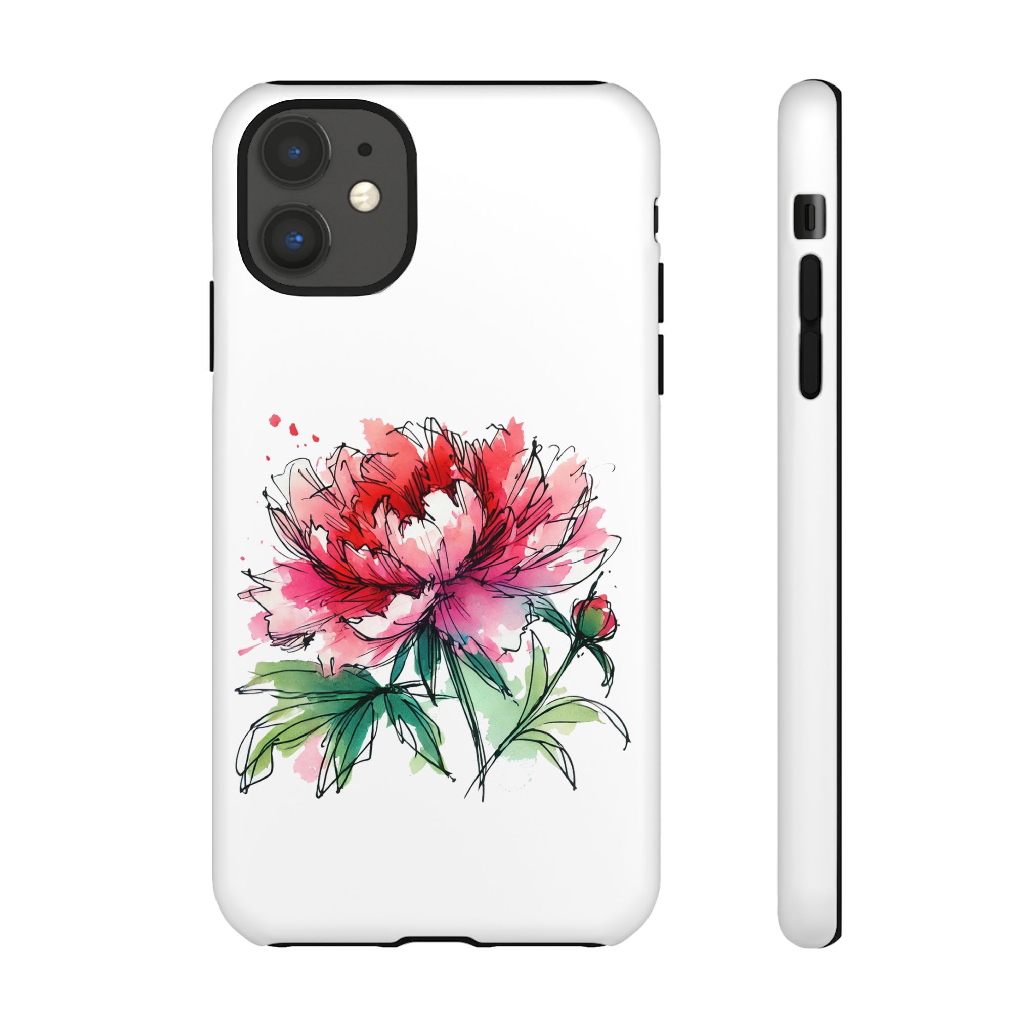 Illustration of a peony flower in red and pink on a white phone case design.