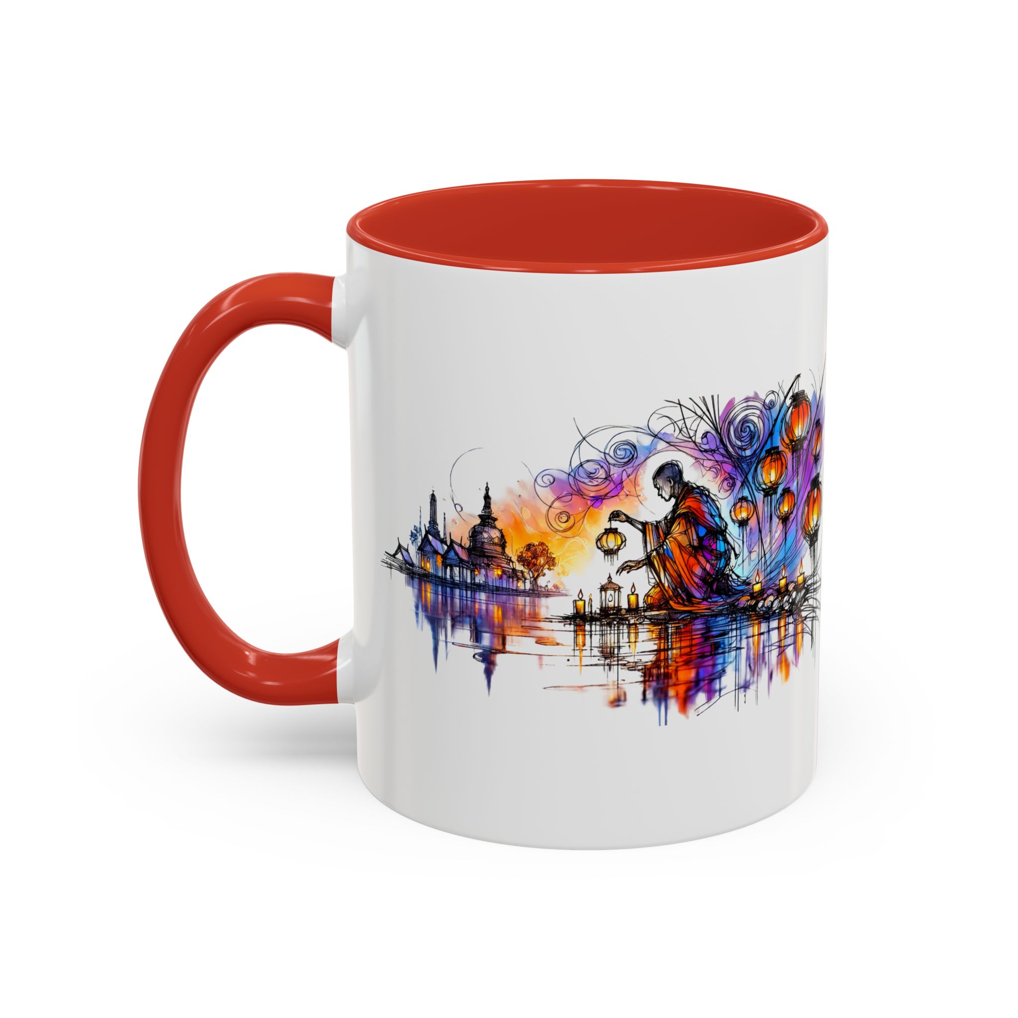 Mug featuring an artistic design with a colorful cityscape and a figure holding lanterns.