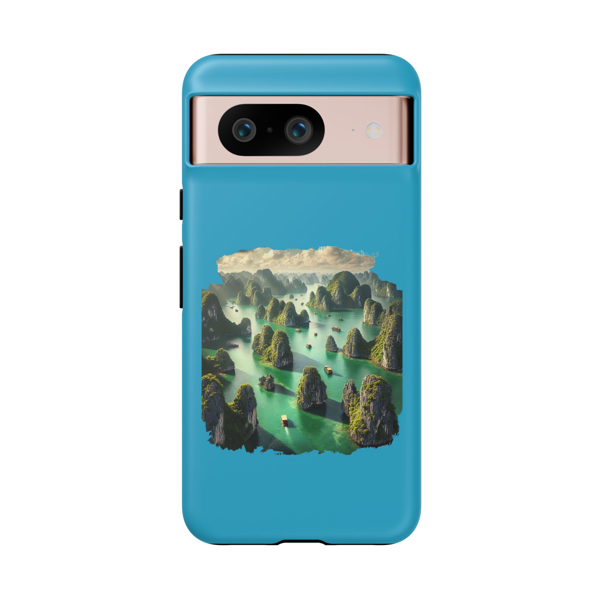 Blue phone case featuring a scenic landscape with mountains and water.