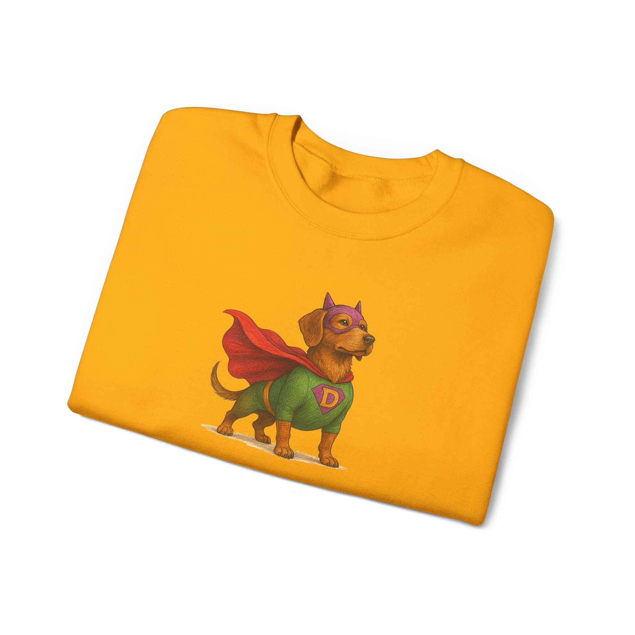Yellow T-shirt featuring a cartoon dog in a superhero costume with a cape and mask.