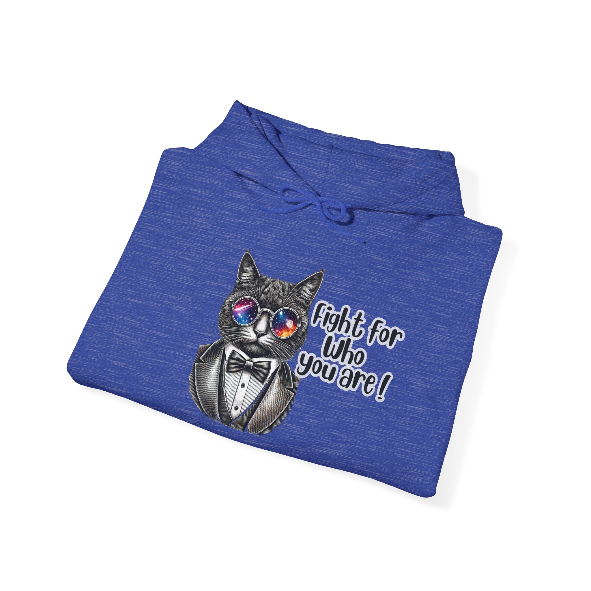 Blue hoodie featuring a cat in sunglasses and a tuxedo with the text 'Fight for Who You Are!'