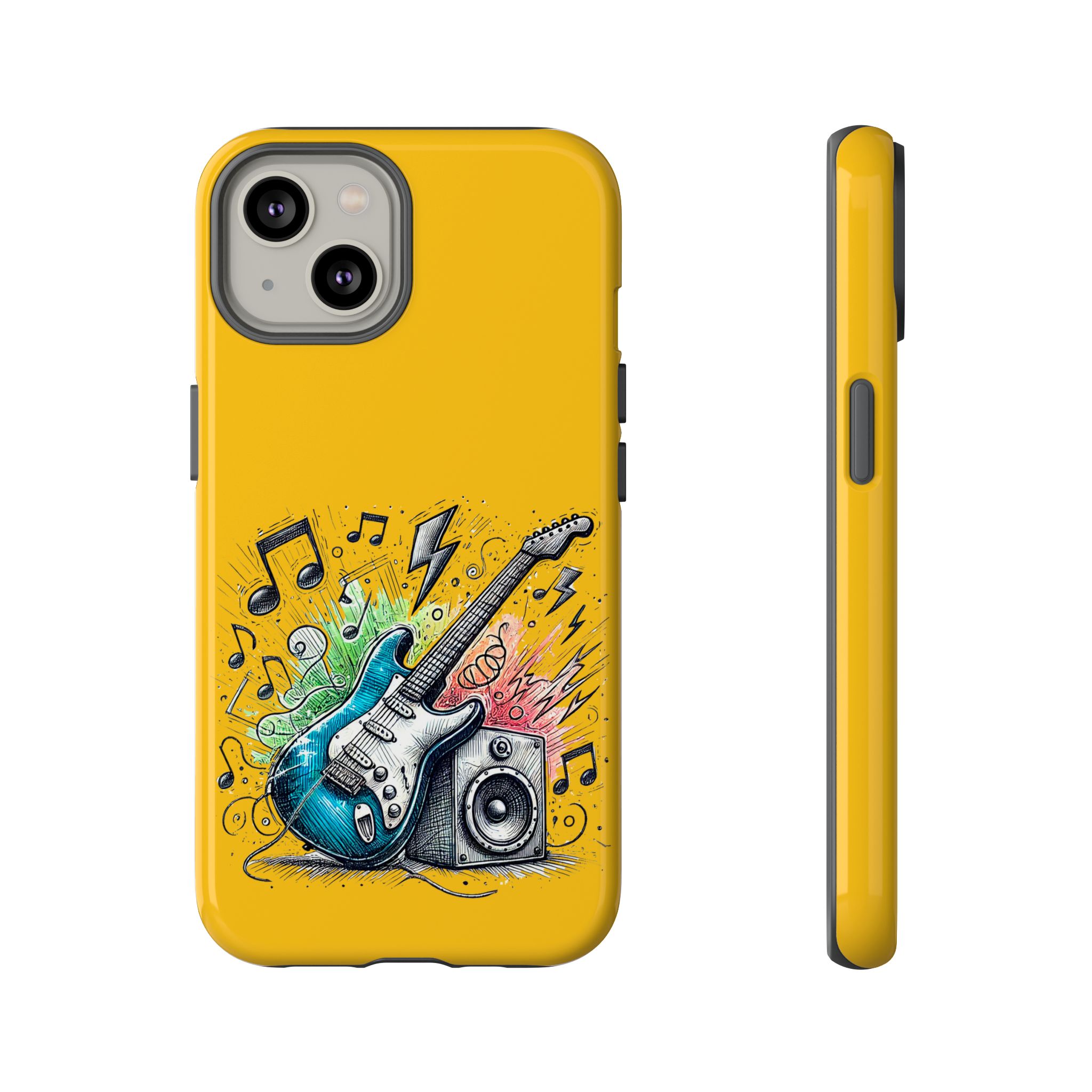 Yellow phone case featuring a graphic design of an electric guitar, music notes, and sound waves.