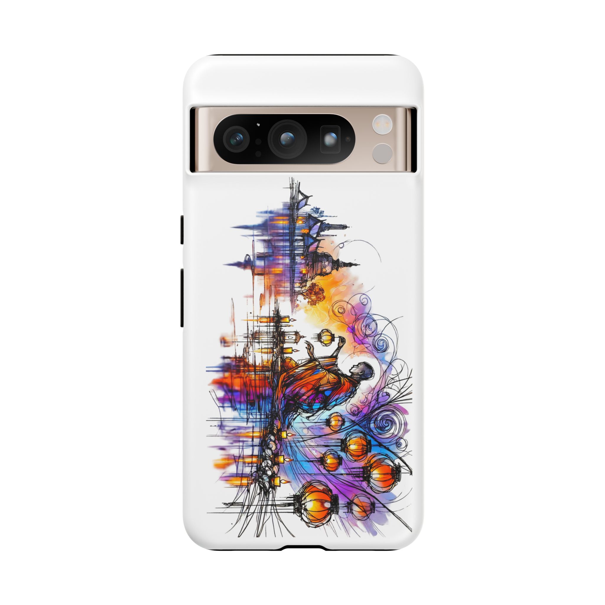 Abstract artwork on a phone case featuring vibrant colors and dynamic shapes.