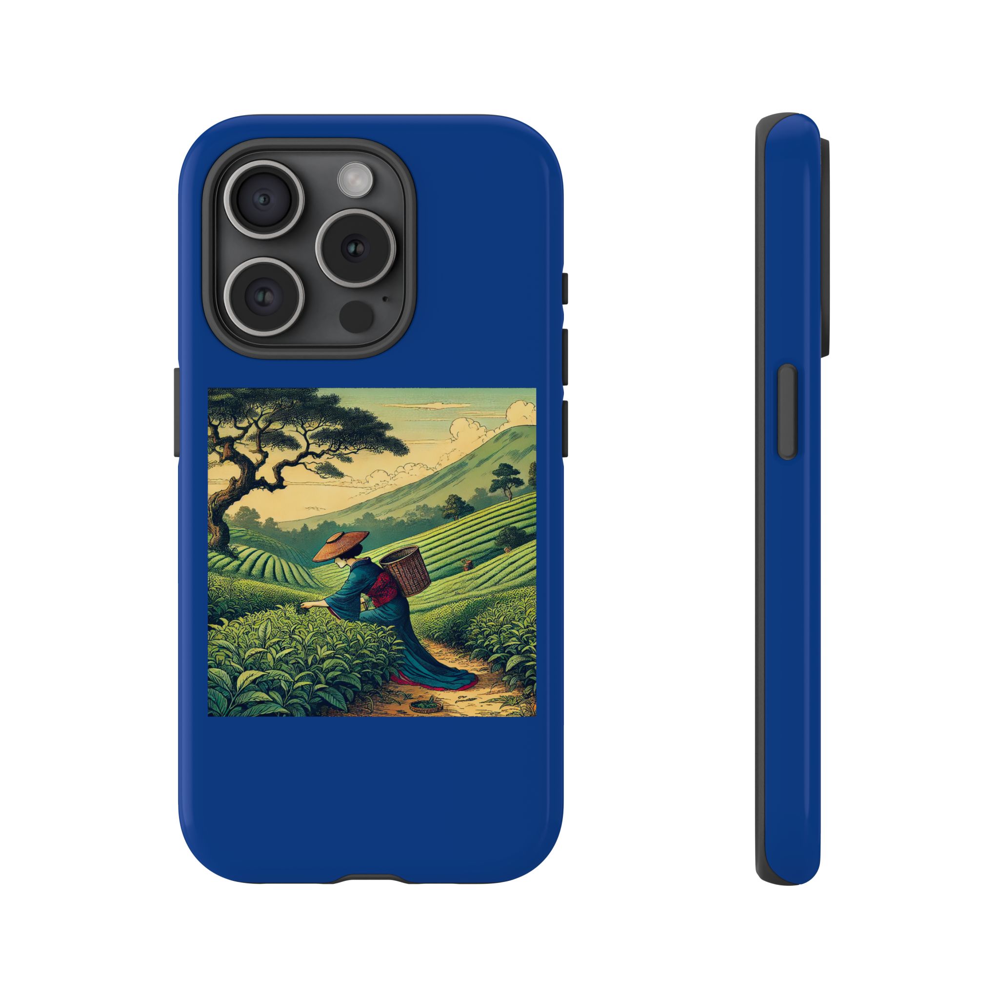 Blue phone case featuring a landscape design of a person carrying a basket in a green field.