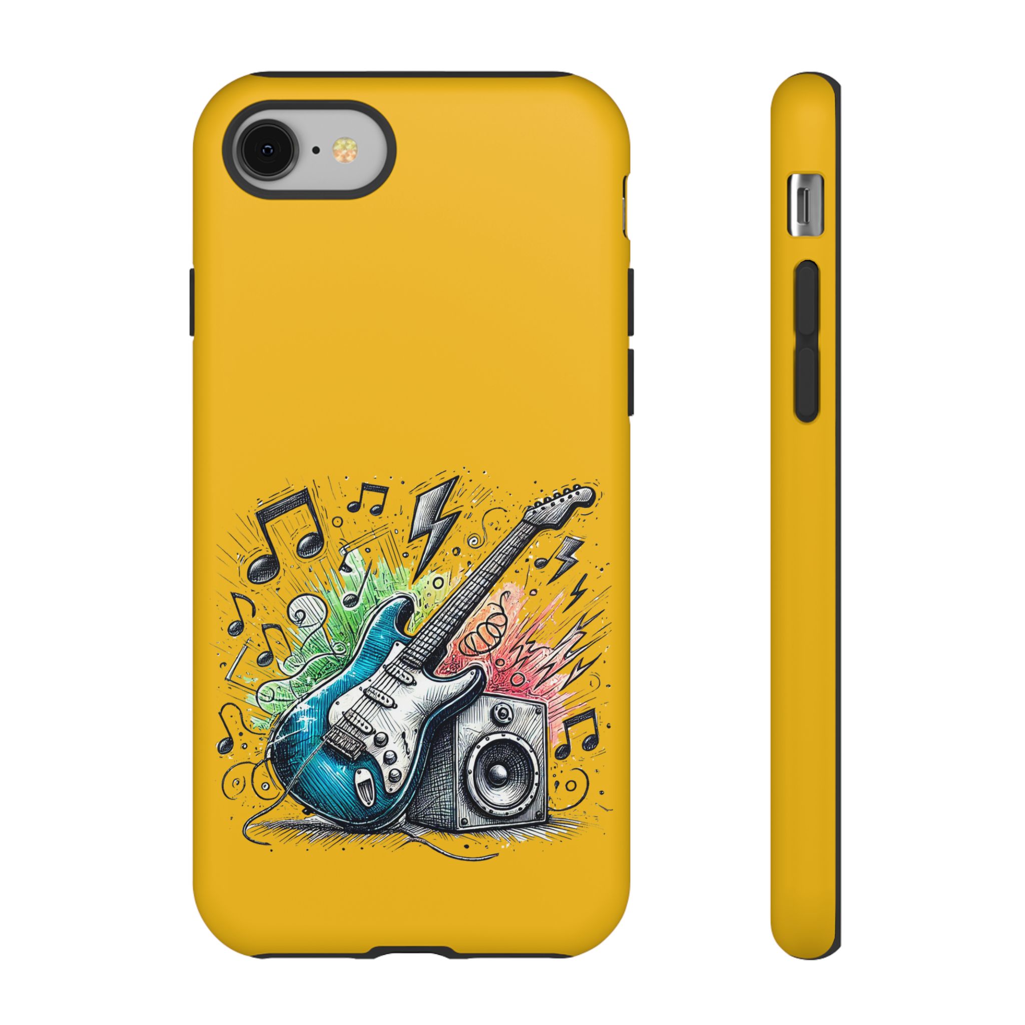 Illustration of a blue electric guitar with a speaker and musical notes on a yellow phone case.