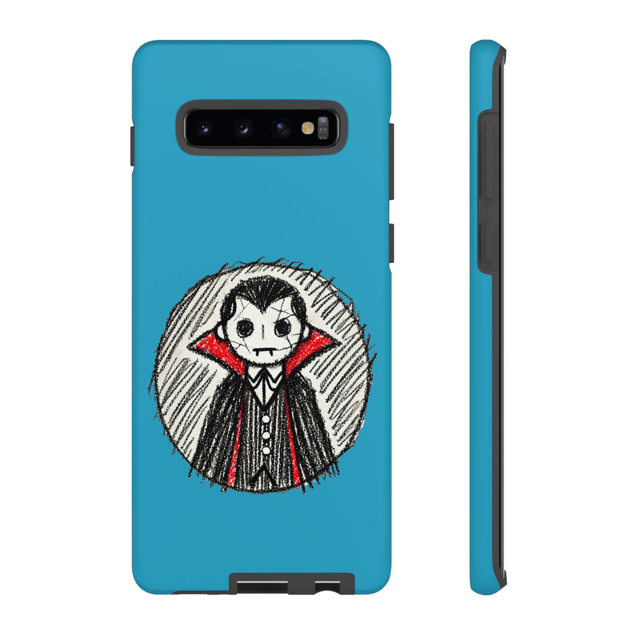 Phone case featuring a cartoon vampire character with a blue background.