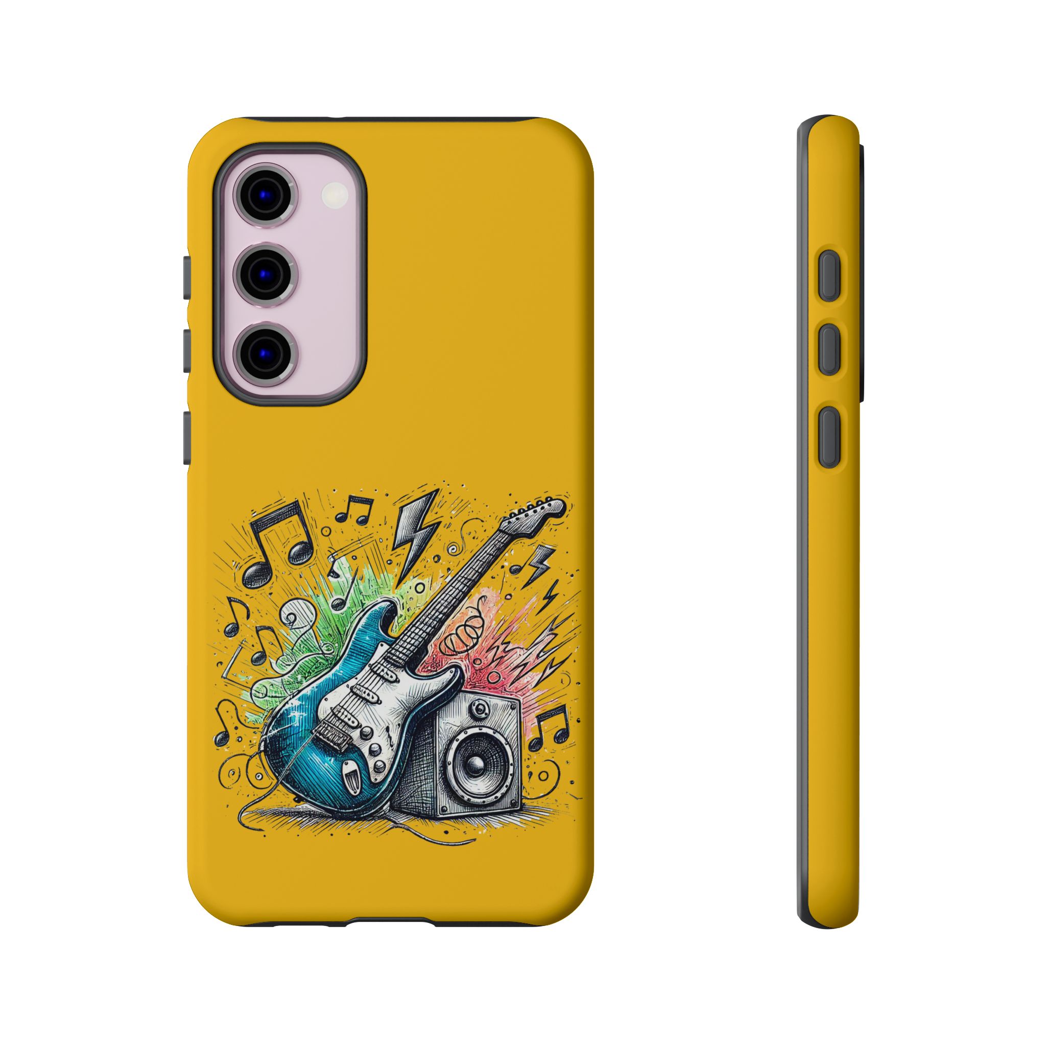 Phone case featuring a colorful illustration of an electric guitar and speaker with musical notes.