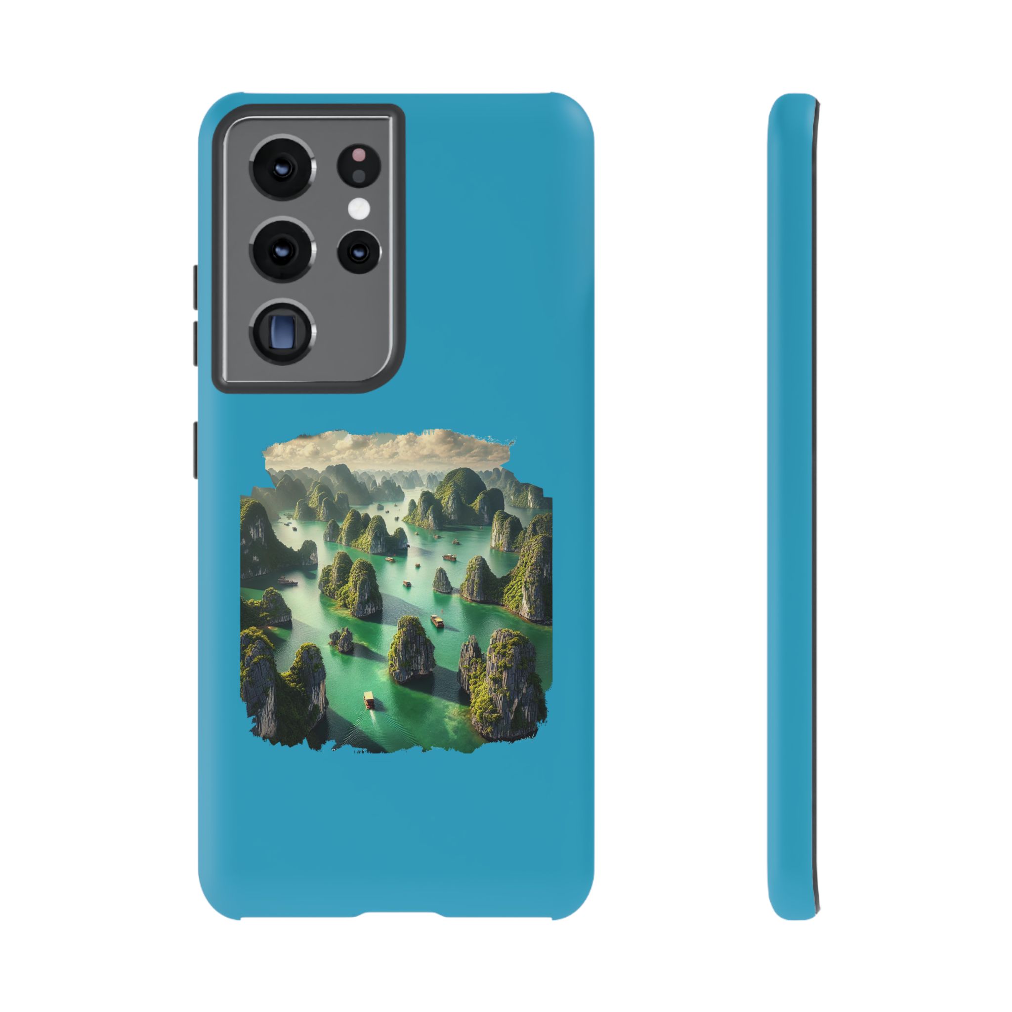 A phone case featuring a landscape design with green islands and boats on a blue background.