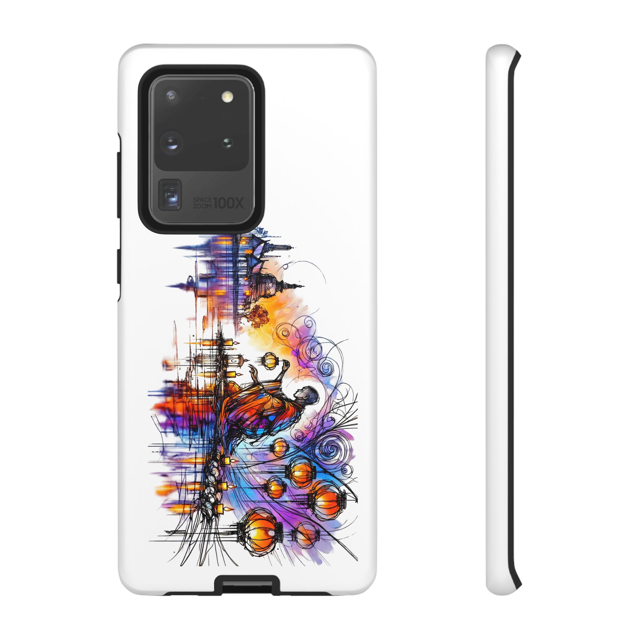 Colorful artistic design of a phone case featuring a woman and abstract elements.