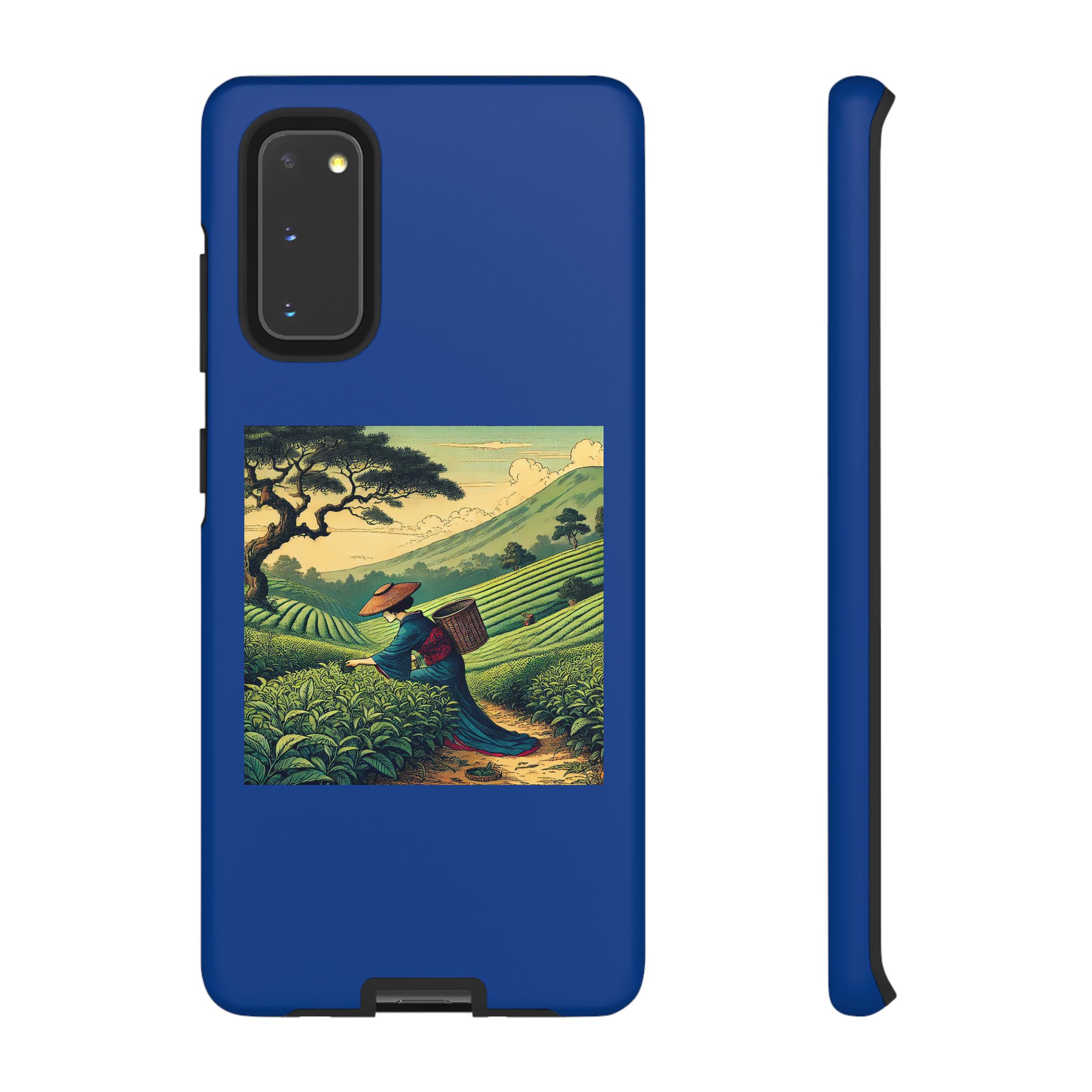 Blue phone case featuring an illustration of a farmer carrying a basket in a green field.